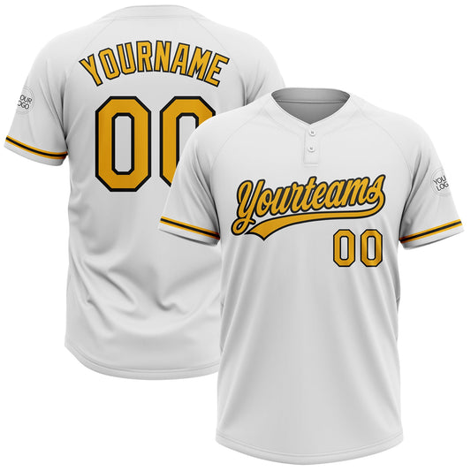 Custom White Gold-Black Two-Button Unisex Softball Jersey - Main View