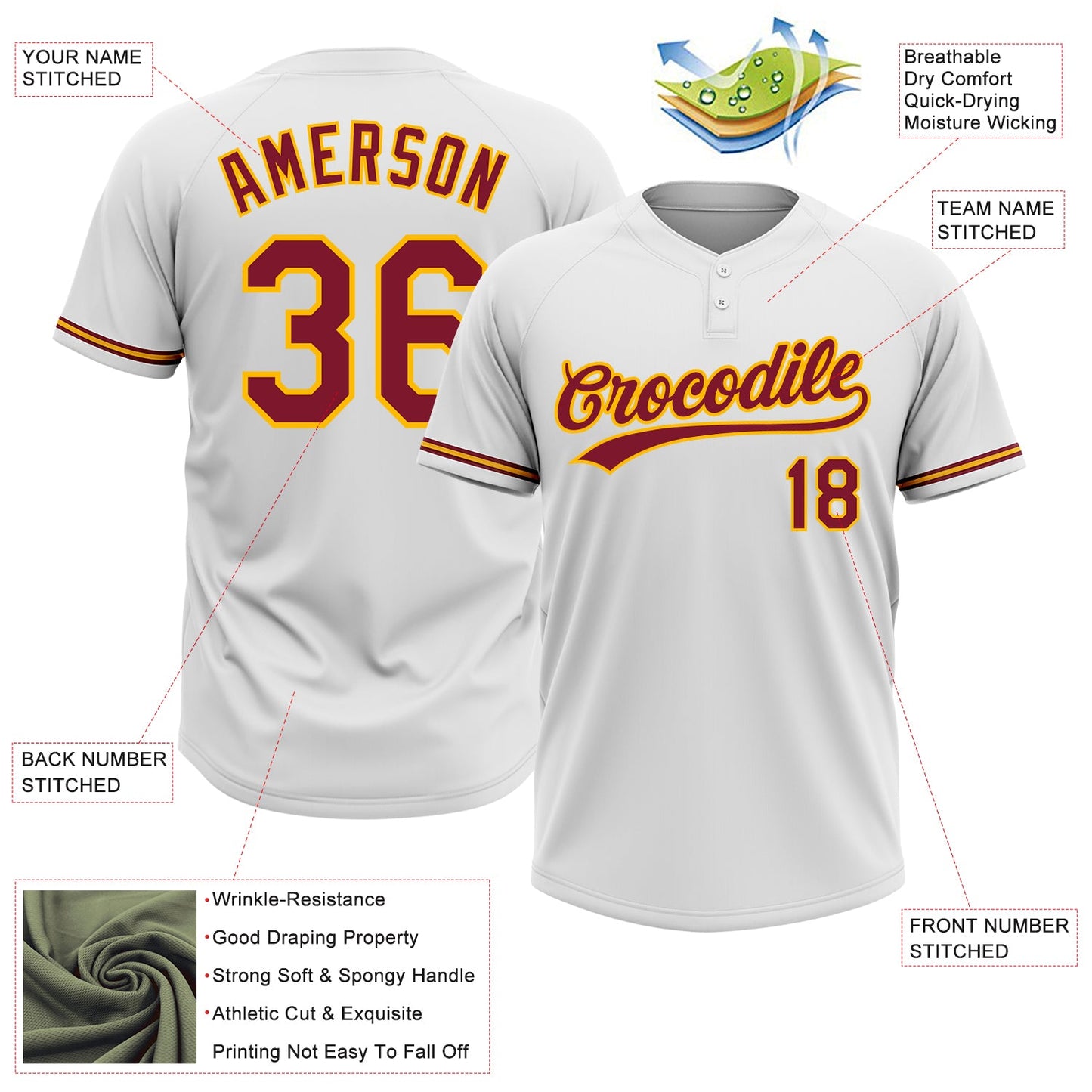 Custom White Crimson-Gold Two-Button Unisex Softball Jersey view 3