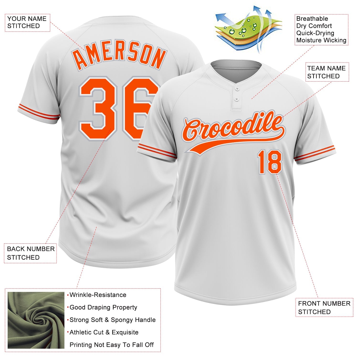 Custom White Orange-Gray Two-Button Unisex Softball Jersey view 3