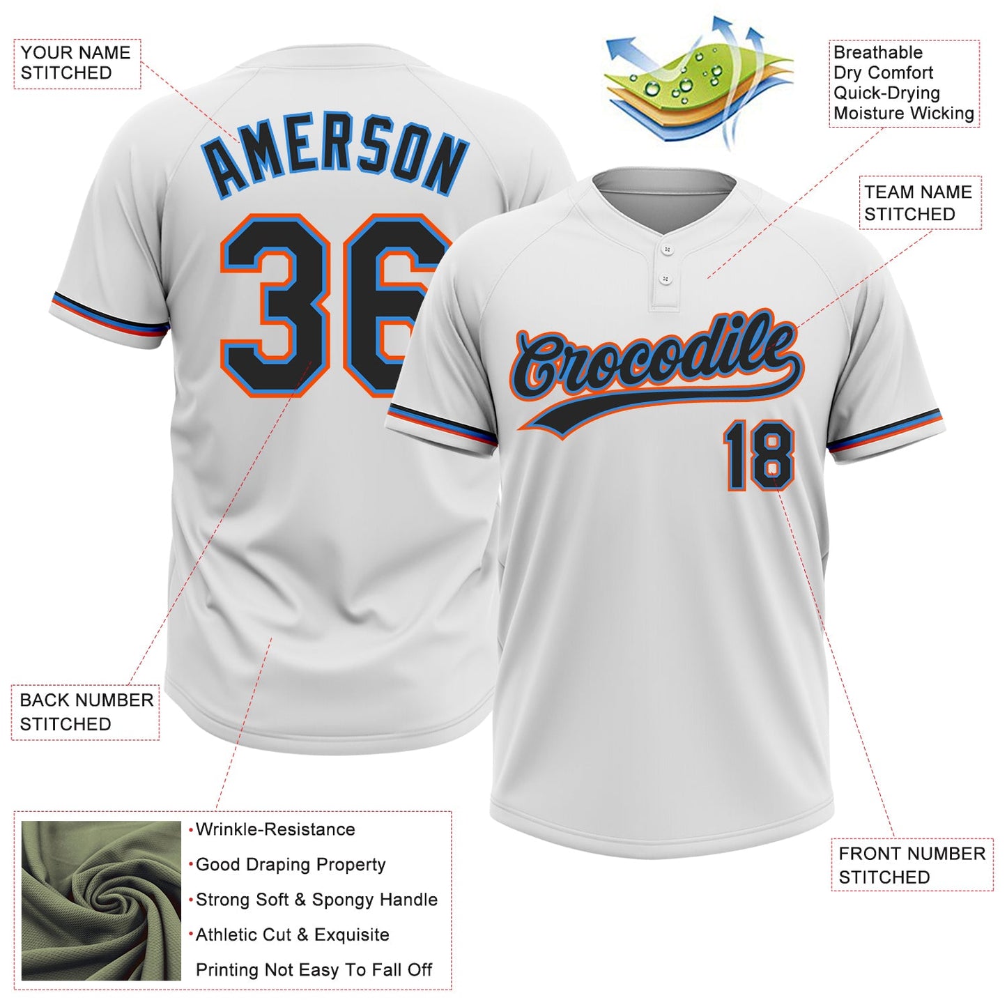 Custom White Black Electric Blue-Orange Two-Button Unisex Softball Jersey view 3