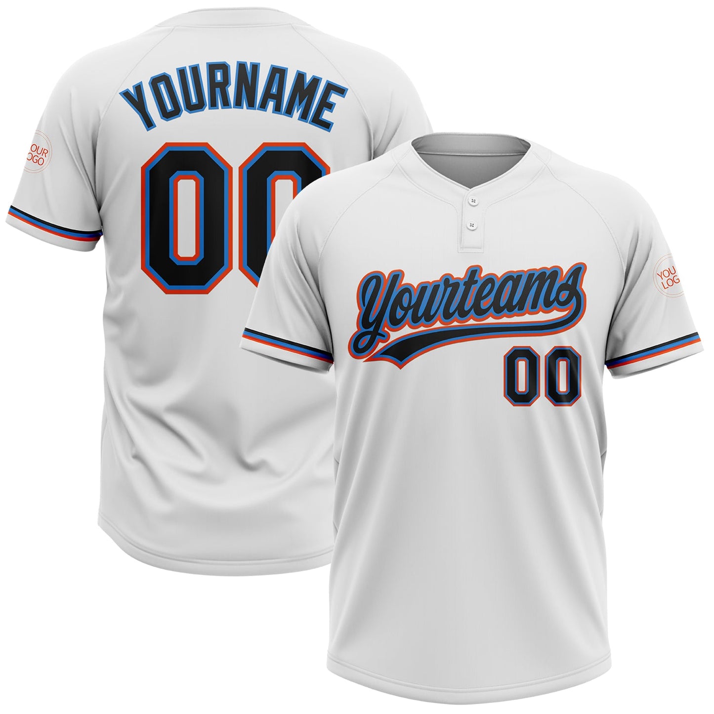 Custom White Black Electric Blue-Orange Two-Button Unisex Softball Jersey - Main View