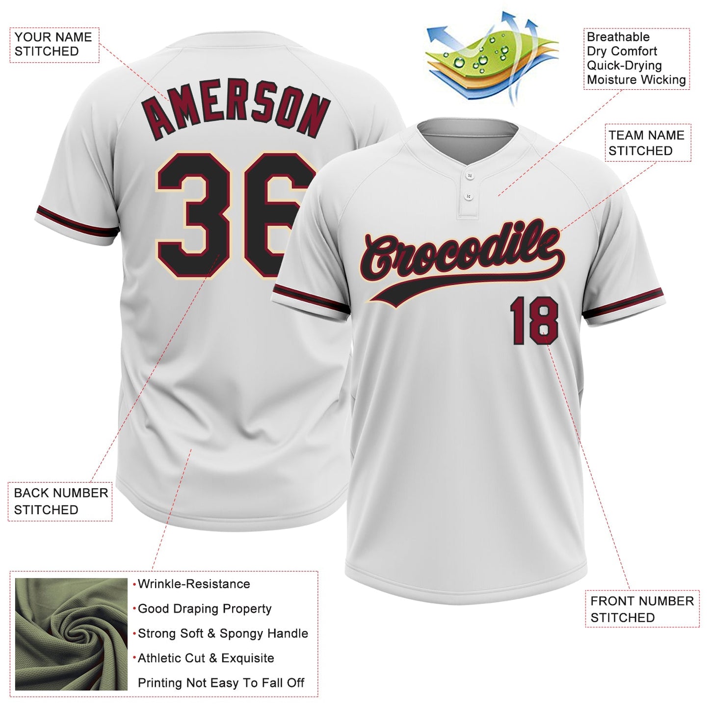 Custom White Black Crimson-Cream Two-Button Unisex Softball Jersey view 3