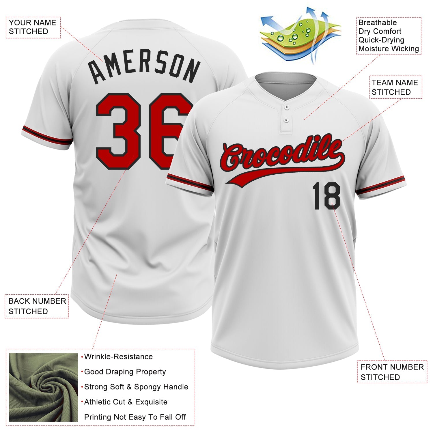 Custom White Red-Black Two-Button Unisex Softball Jersey view 3