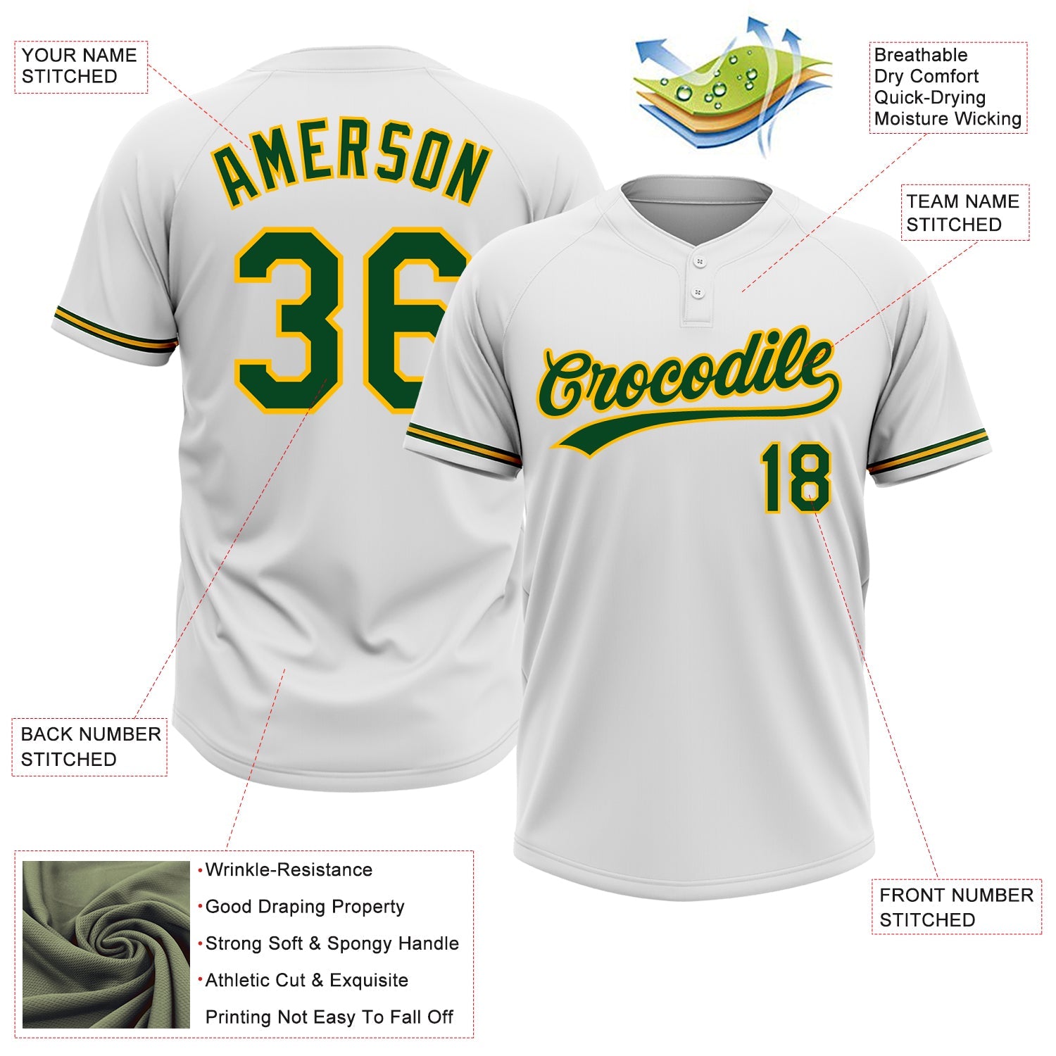 Custom White Green-Gold Two-Button Unisex Softball Jersey view 3