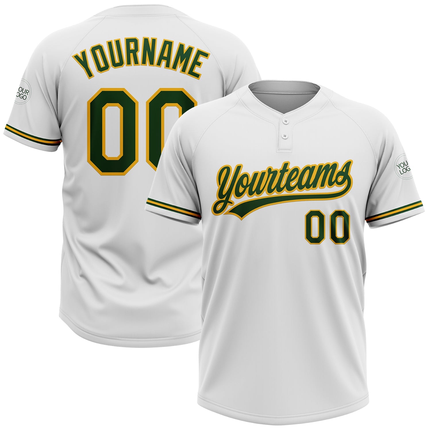 Custom White Green-Gold Two-Button Unisex Softball Jersey - Main View