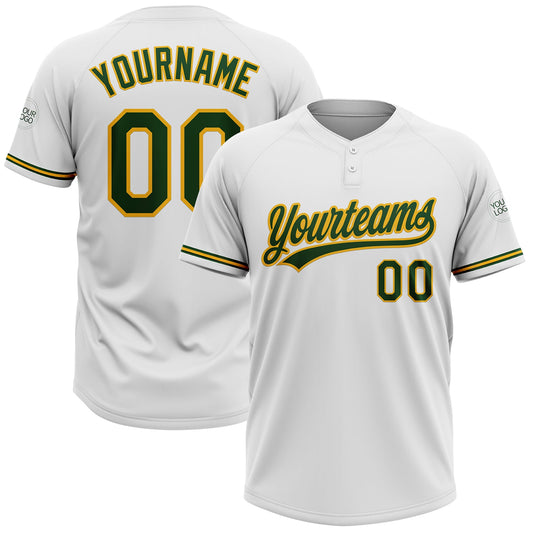 Custom White Green-Gold Two-Button Unisex Softball Jersey - Main View