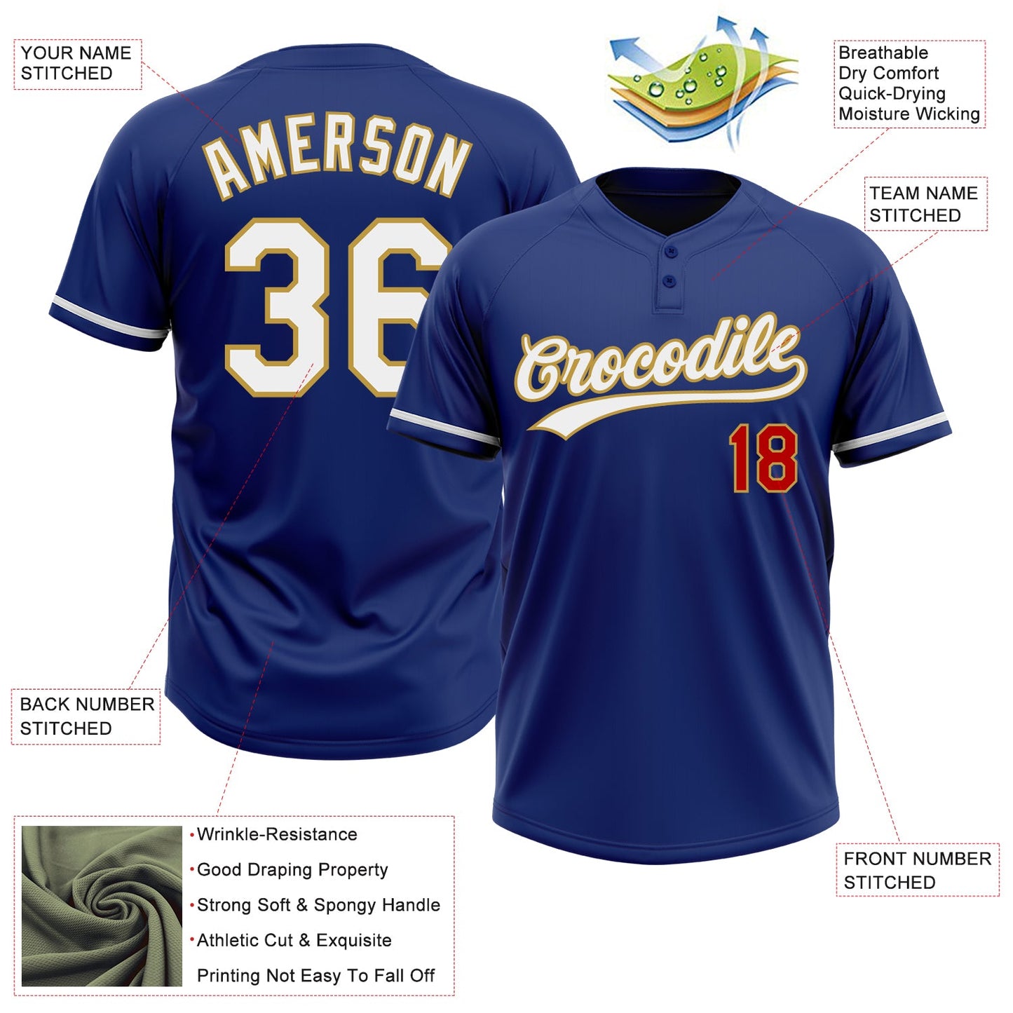 Custom Royal White Old Gold-Red Two-Button Unisex Softball Jersey view 3