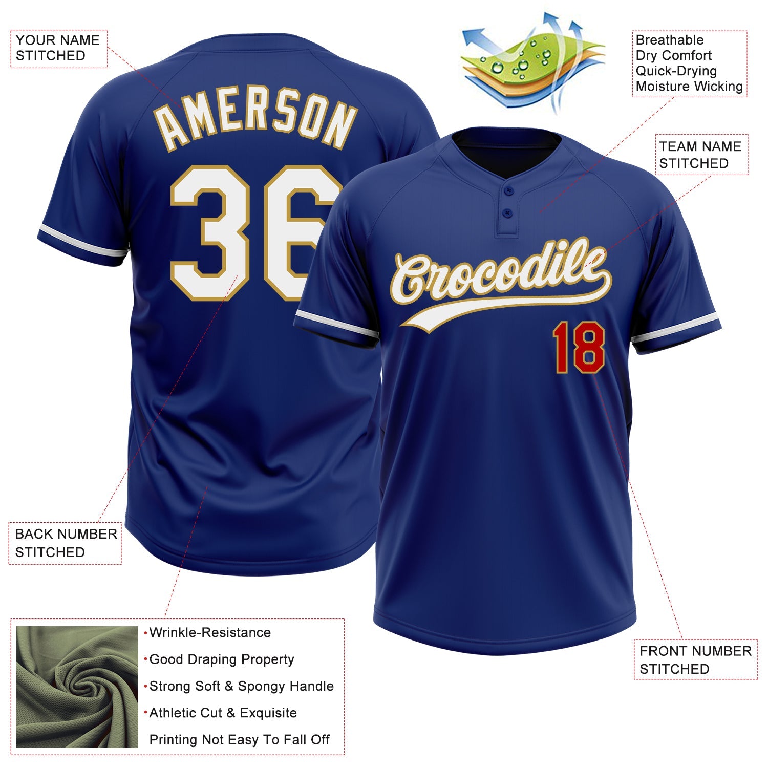 Custom Royal White Old Gold-Red Two-Button Unisex Softball Jersey view 3