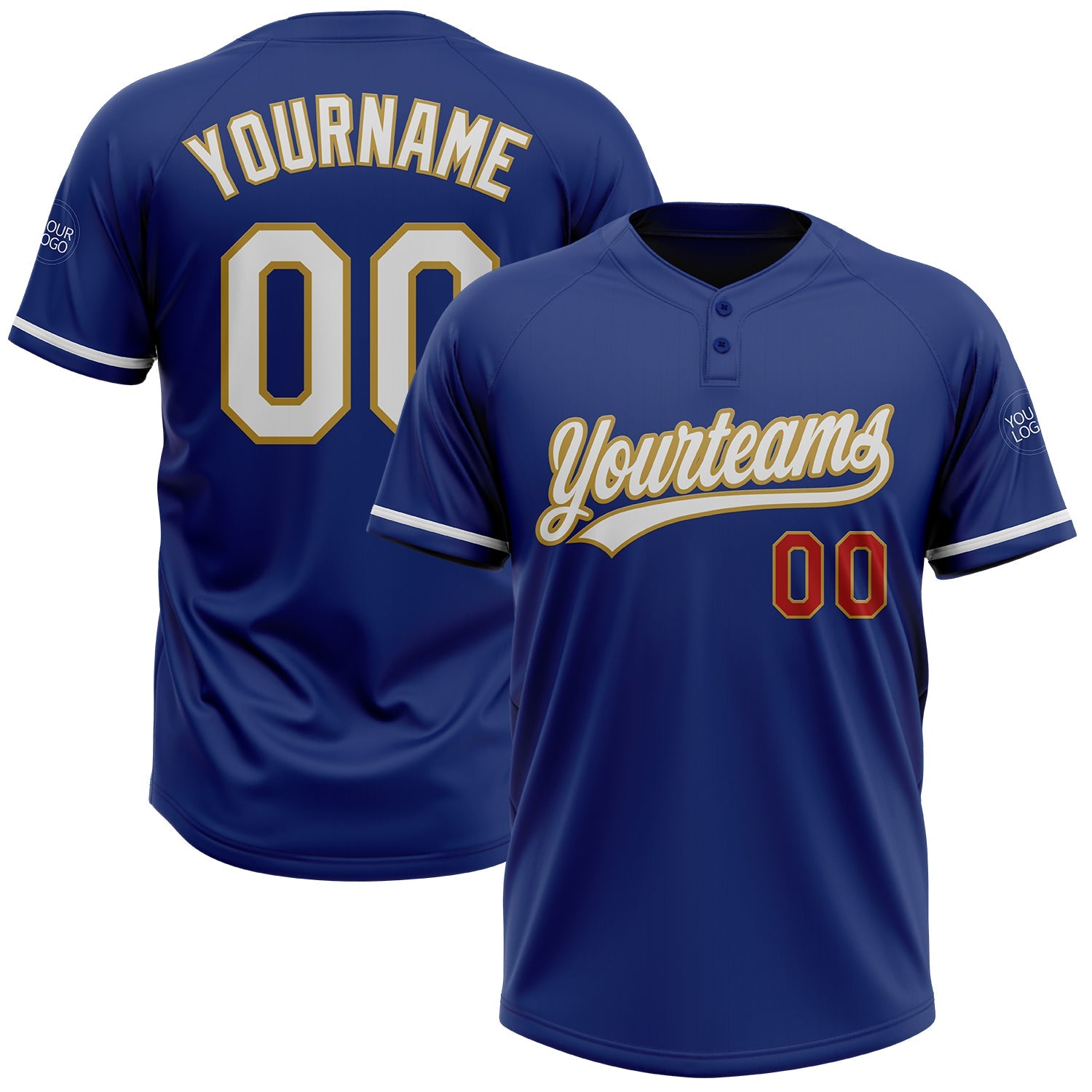 Custom Royal White Old Gold-Red Two-Button Unisex Softball Jersey - Main View