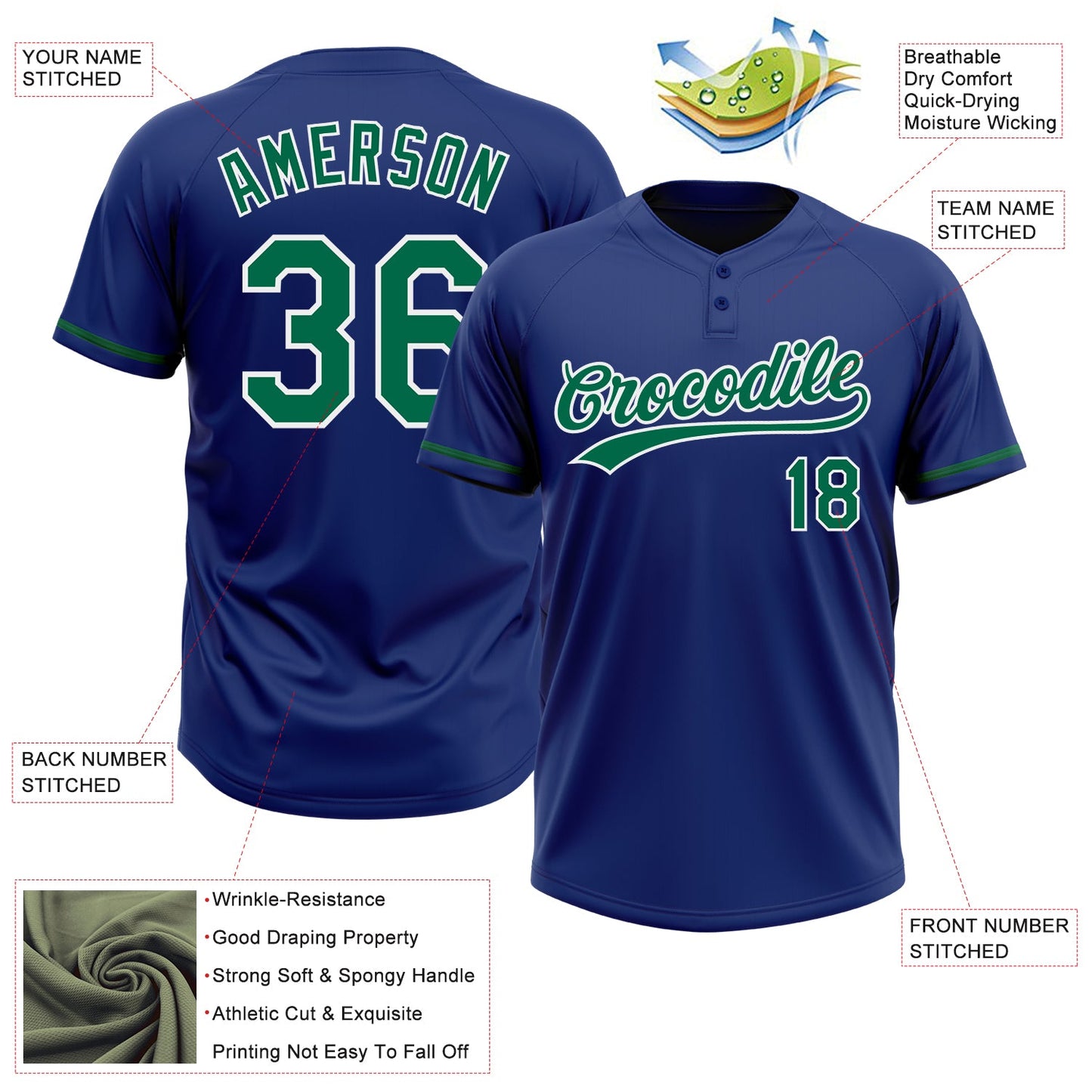 Custom Royal Kelly Green-White Two-Button Unisex Softball Jersey view 3