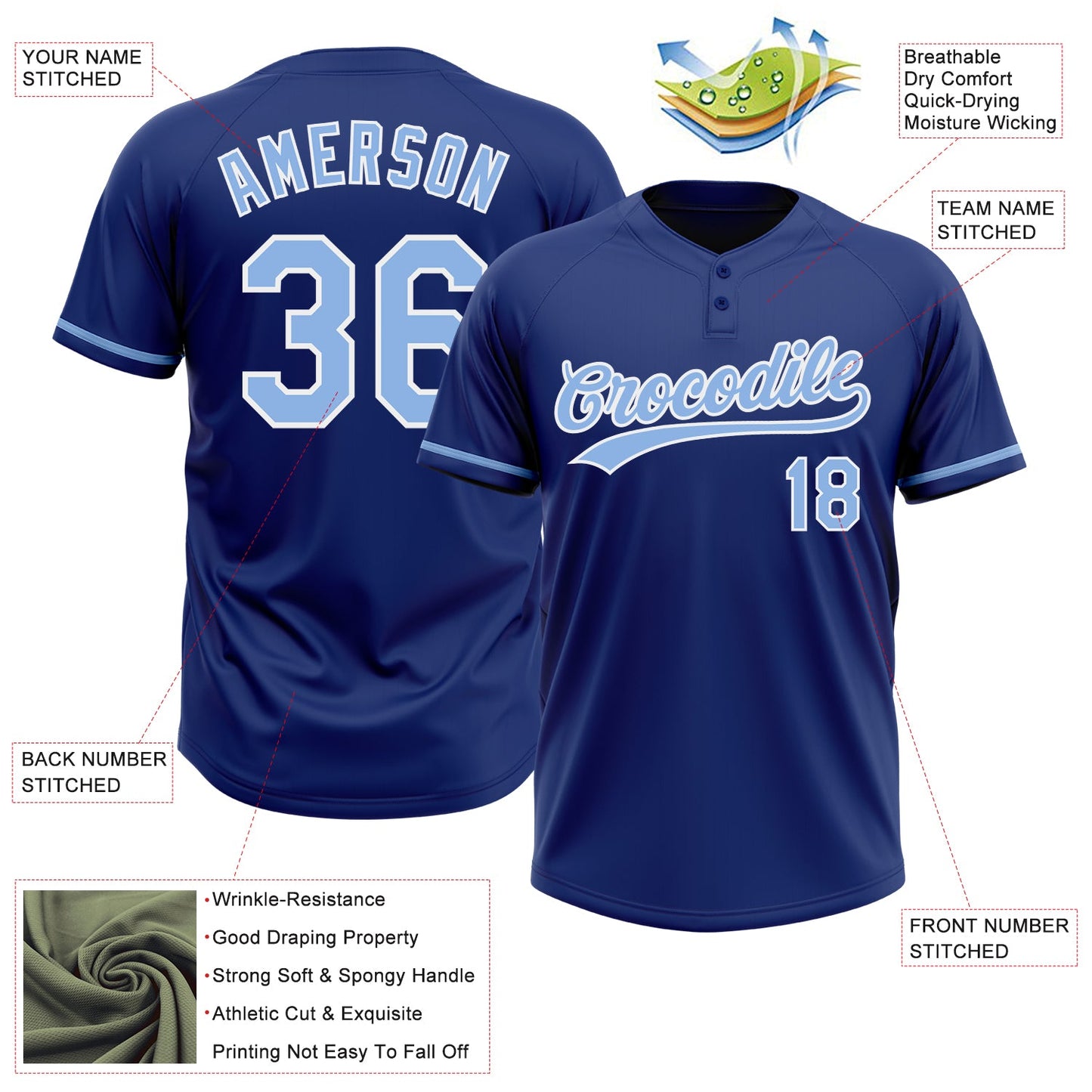 Custom Royal Light Blue-White Two-Button Unisex Softball Jersey view 3