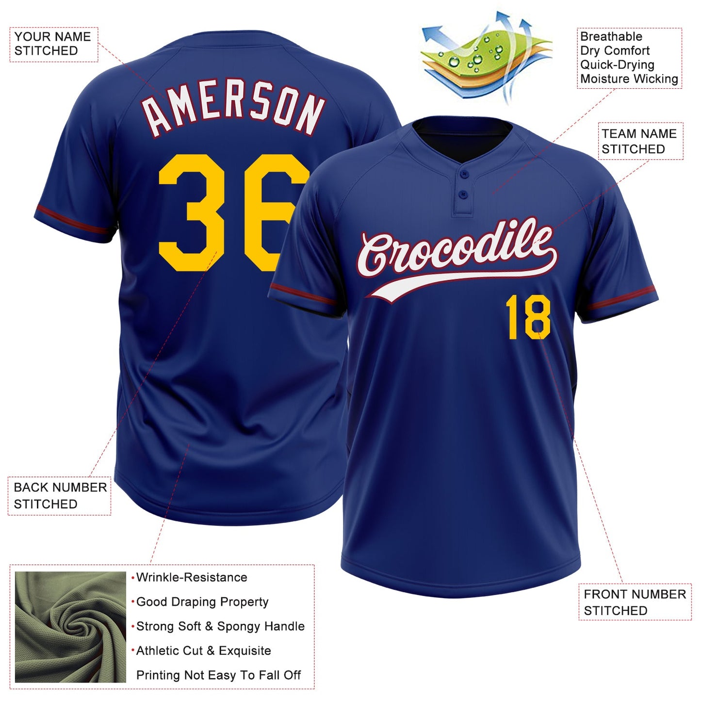 Custom Royal Yellow-Crimson Two-Button Unisex Softball Jersey view 3