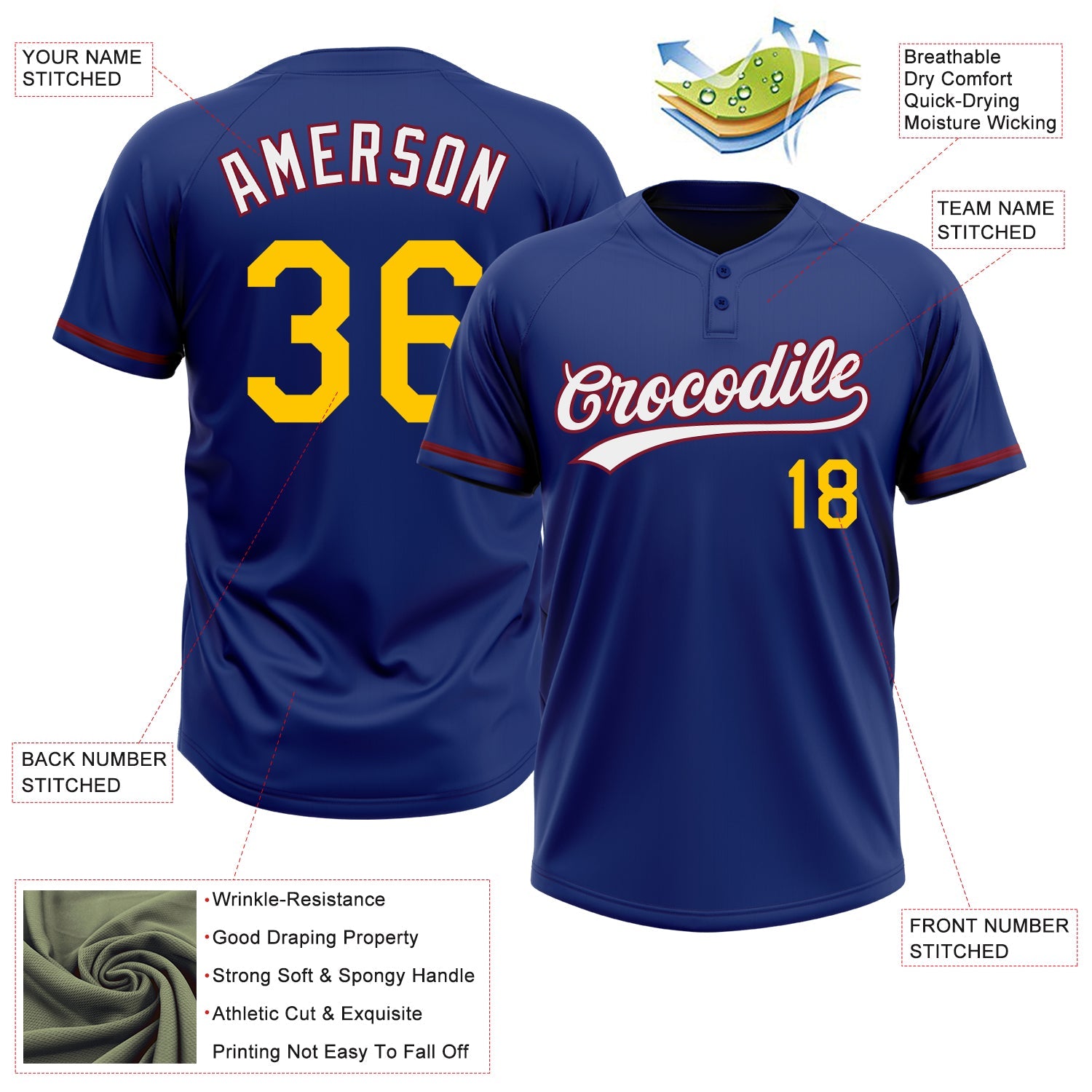 Custom Royal Yellow-Crimson Two-Button Unisex Softball Jersey view 3