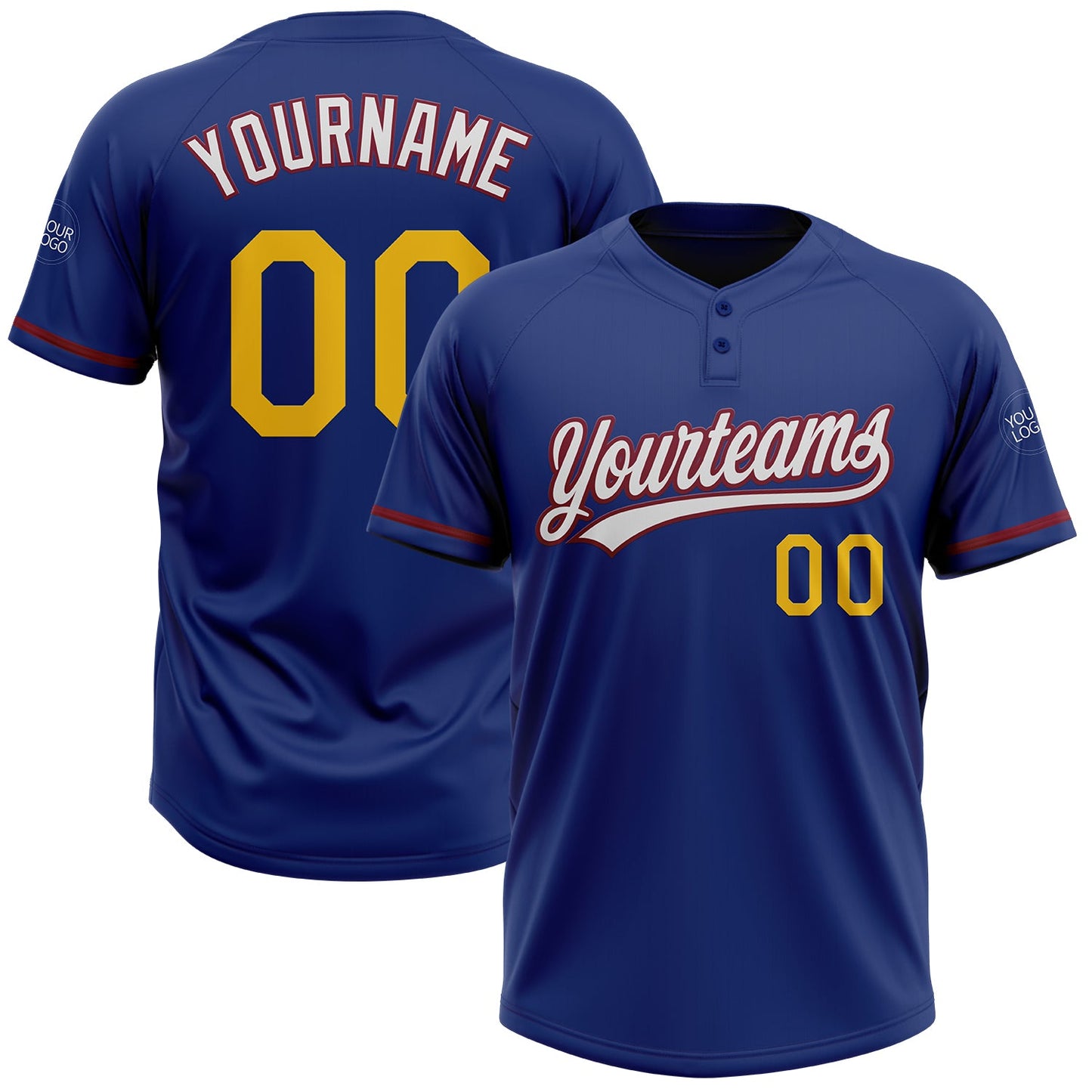 Custom Royal Yellow-Crimson Two-Button Unisex Softball Jersey - Main View