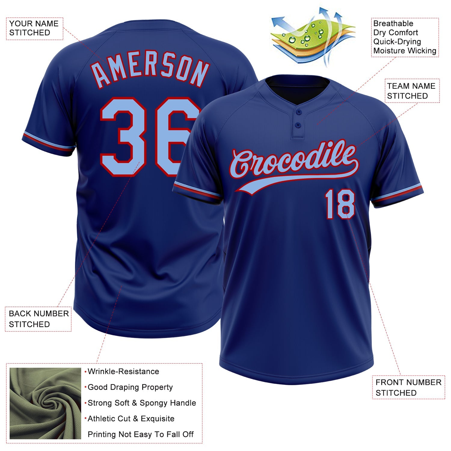 Custom Royal Light Blue-Red Two-Button Unisex Softball Jersey view 3