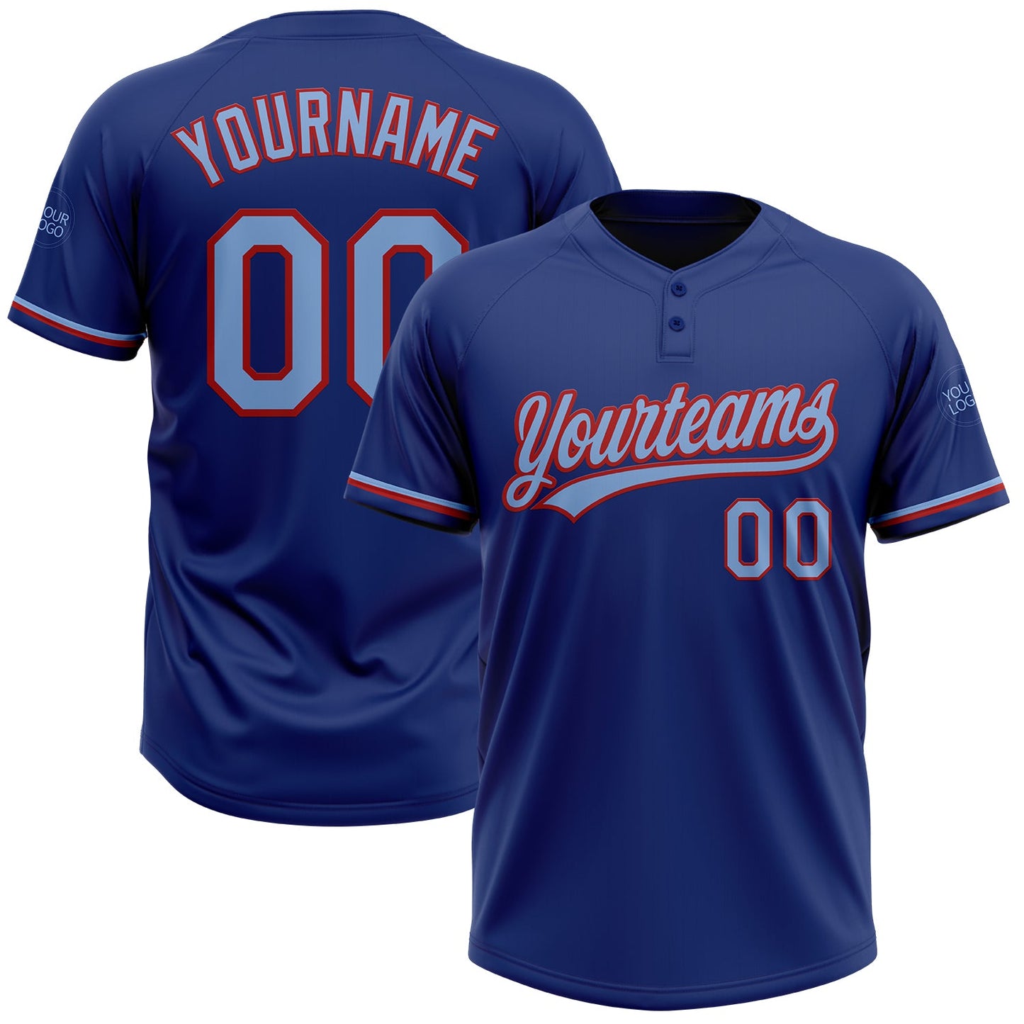 Custom Royal Light Blue-Red Two-Button Unisex Softball Jersey - Main View