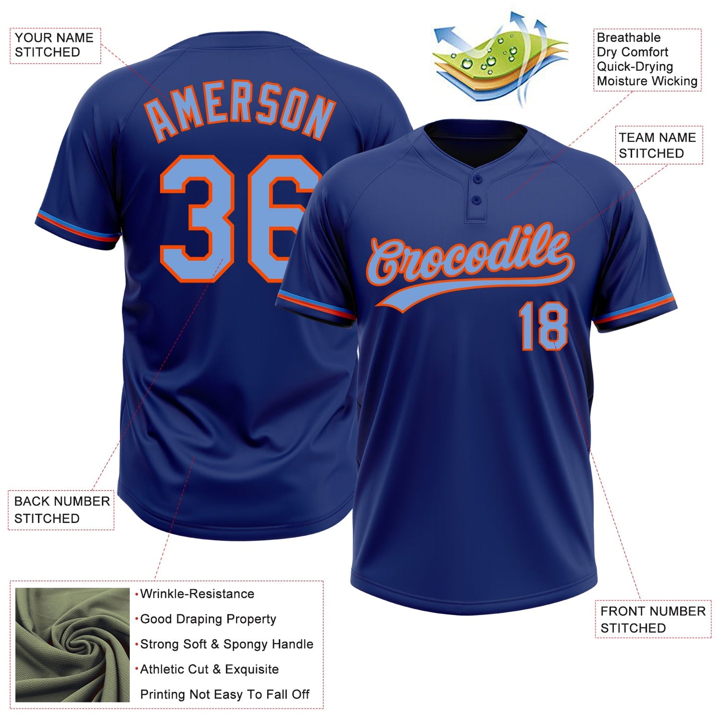 Custom Royal Powder Blue-Orange Two-Button Unisex Softball Jersey view 3