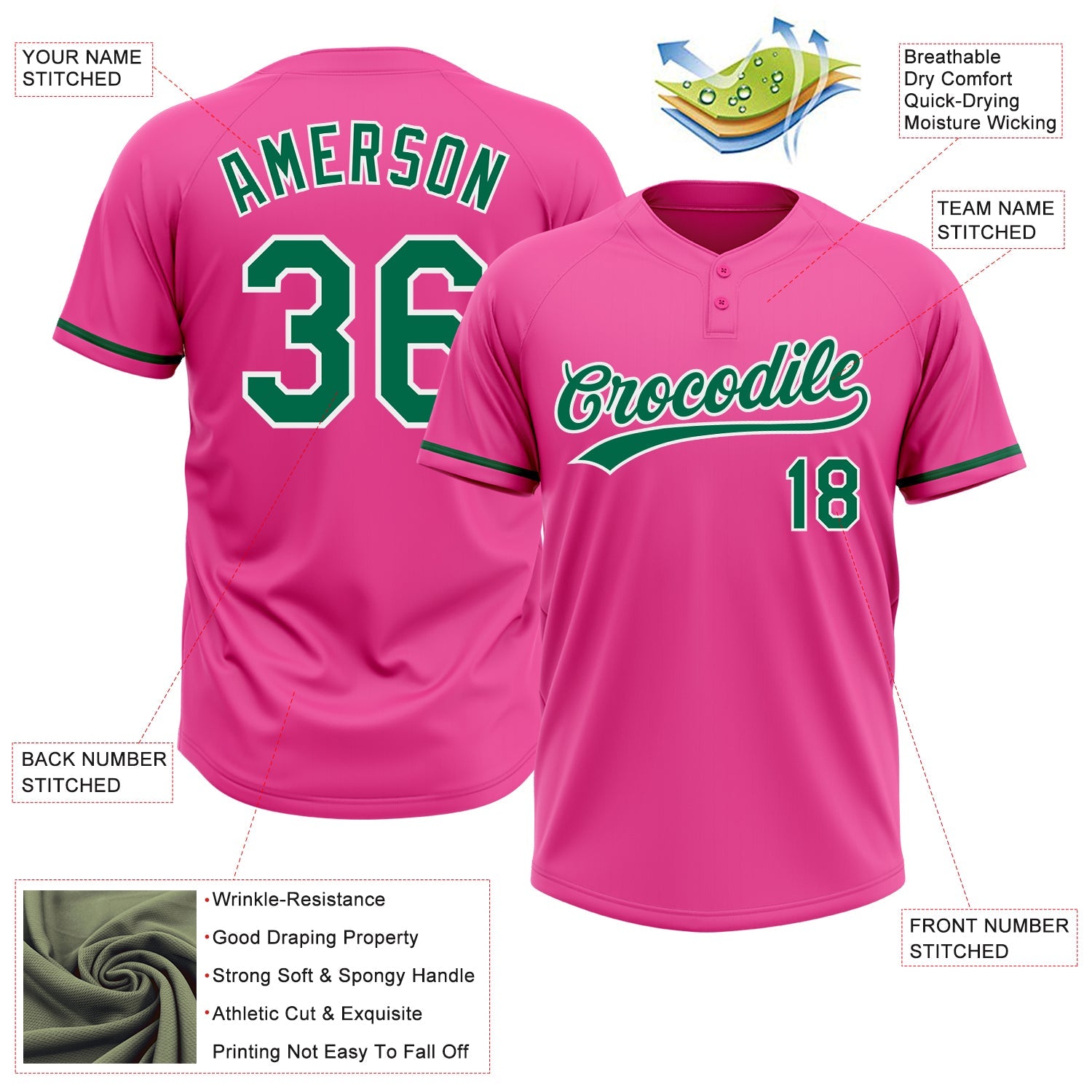 Custom Pink Kelly Green-White Two-Button Unisex Softball Jersey view 3