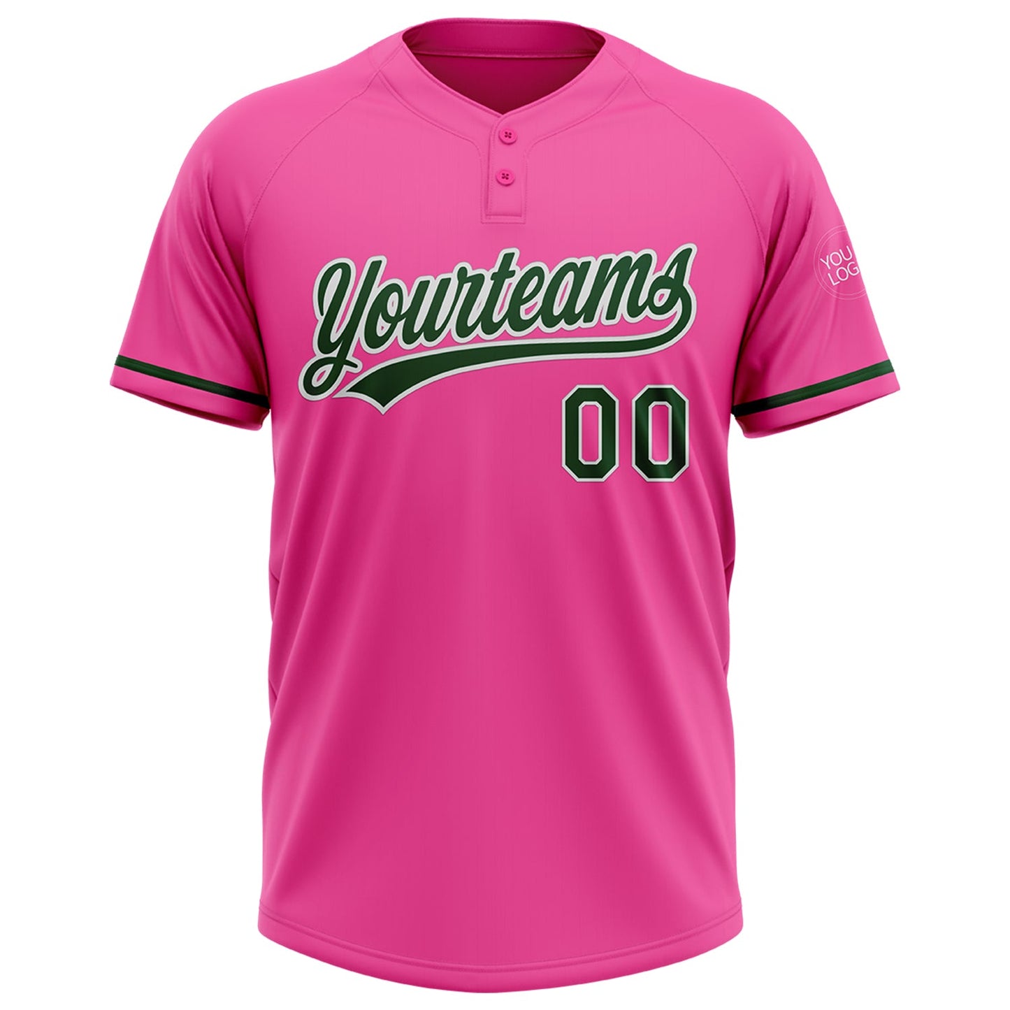 Custom Pink Green-White Two-Button Unisex Softball Jersey view 2