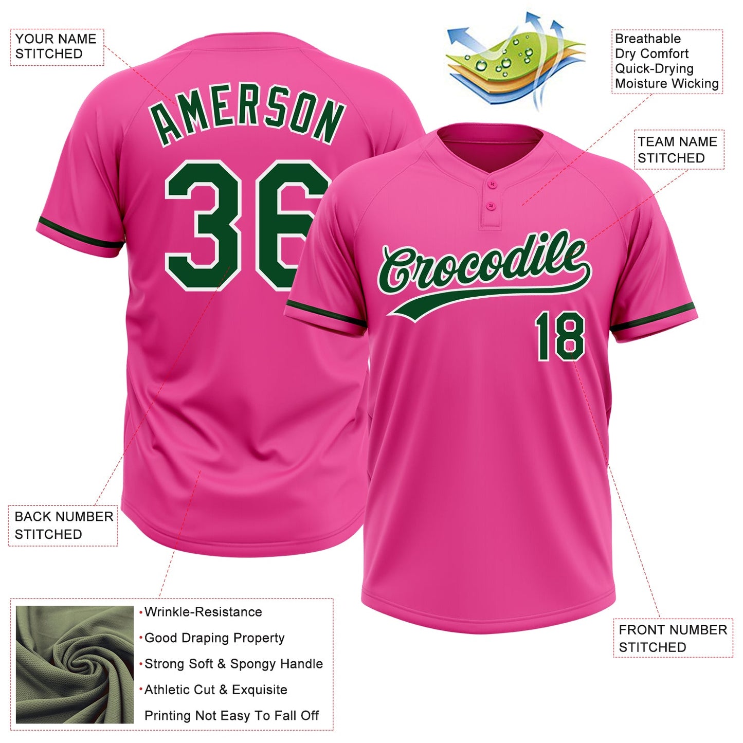Custom Pink Green-White Two-Button Unisex Softball Jersey view 3