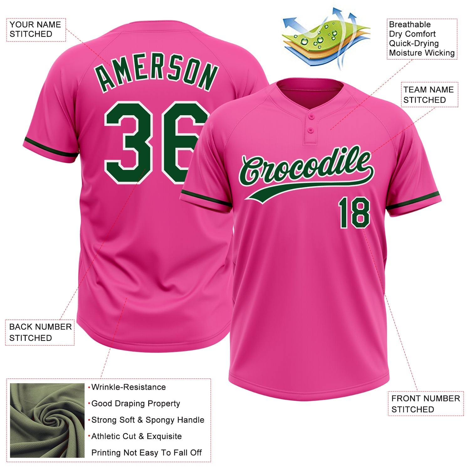 Custom Pink Green-White Two-Button Unisex Softball Jersey view 3