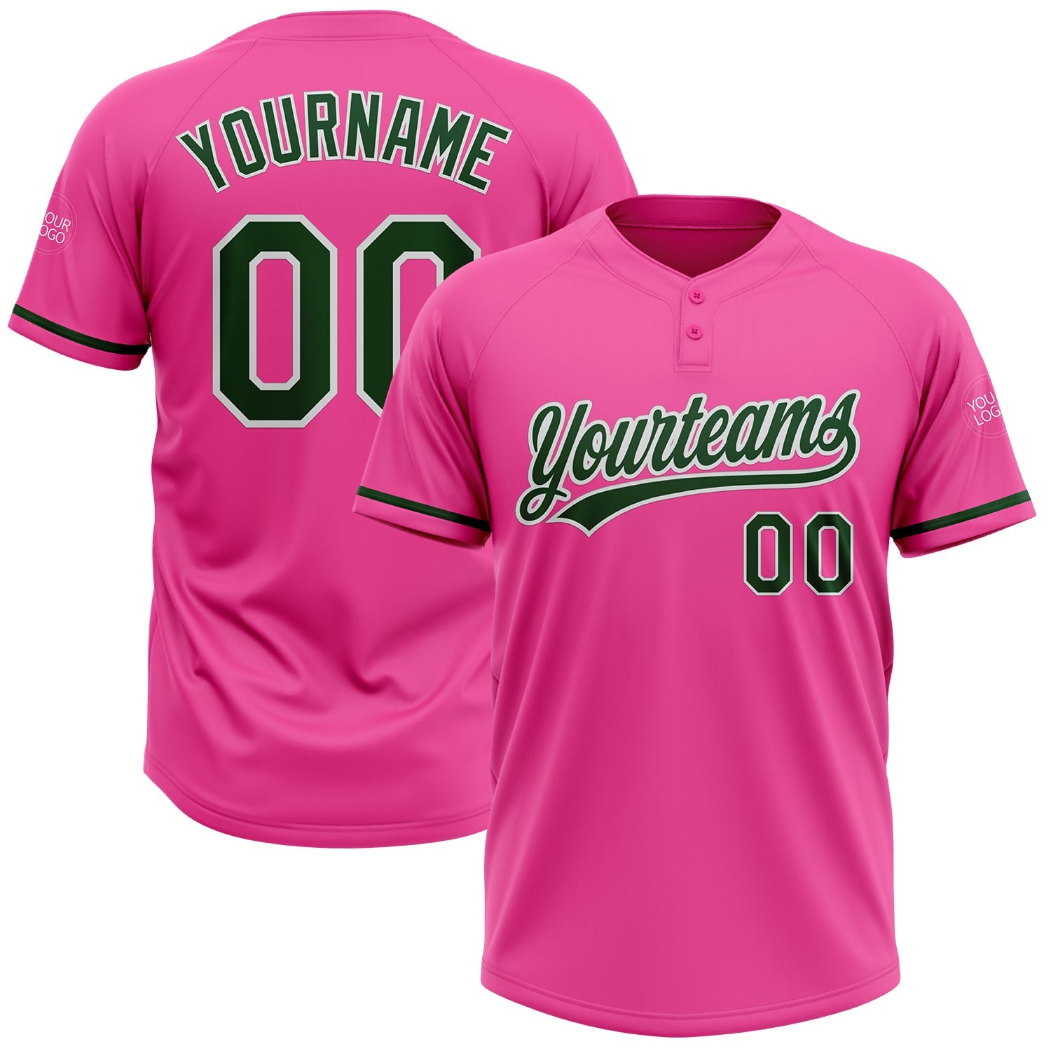 Custom Pink Green-White Two-Button Unisex Softball Jersey - Main View