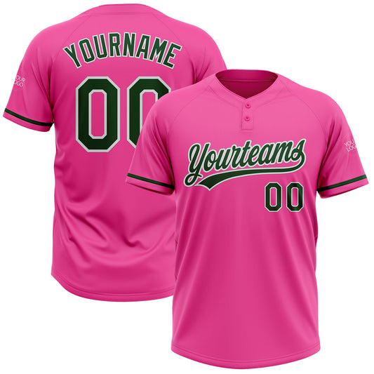 Custom Pink Green-White Two-Button Unisex Softball Jersey - Main View