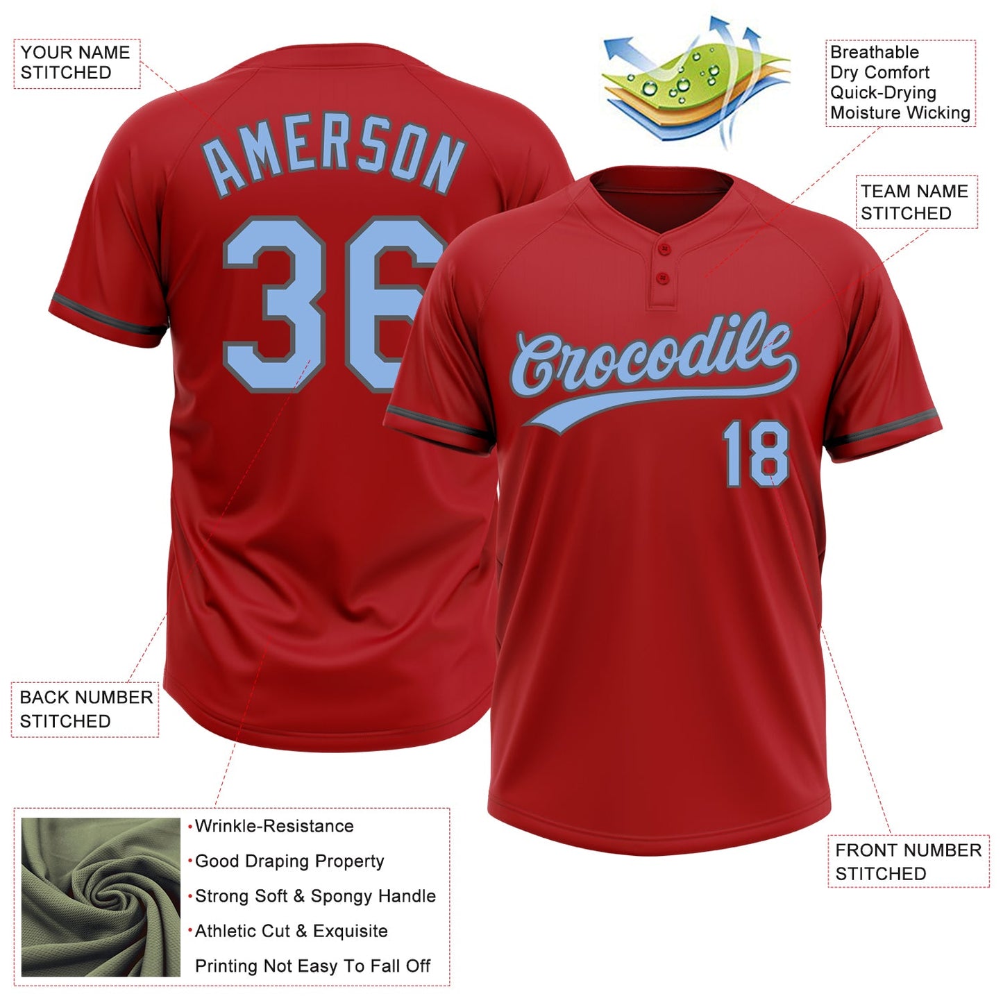 Custom Red Light Blue-Steel Gray Two-Button Unisex Softball Jersey view 3