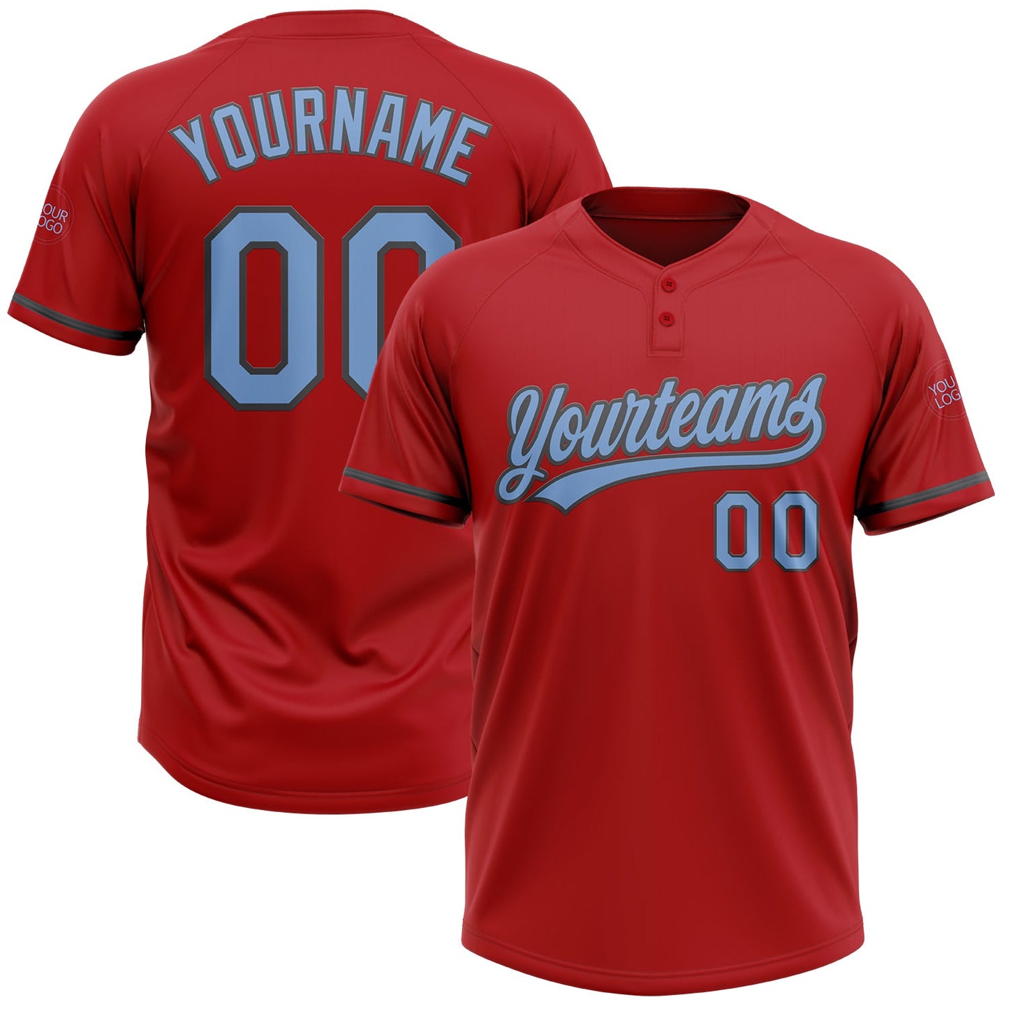 Custom Red Light Blue-Steel Gray Two-Button Unisex Softball Jersey - Main View