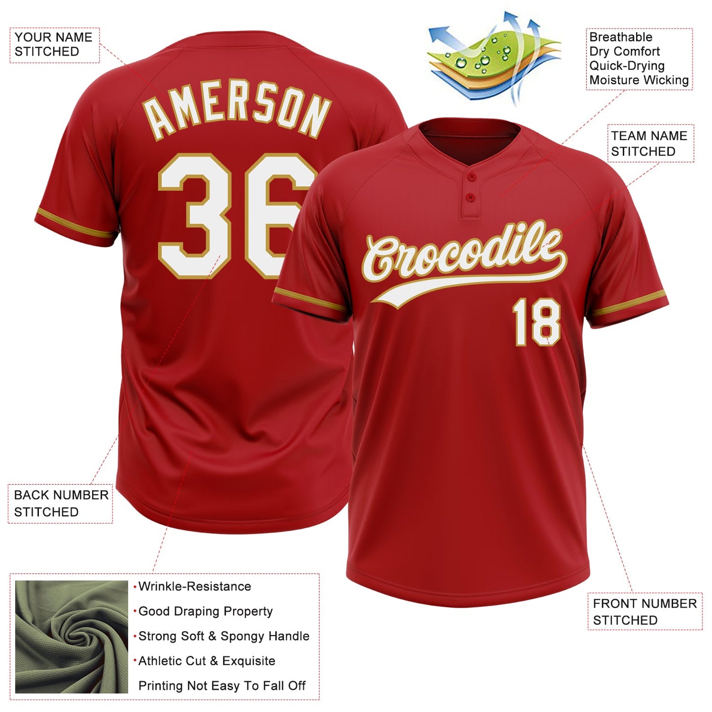 Custom Red White-Old Gold Two-Button Unisex Softball Jersey view 3