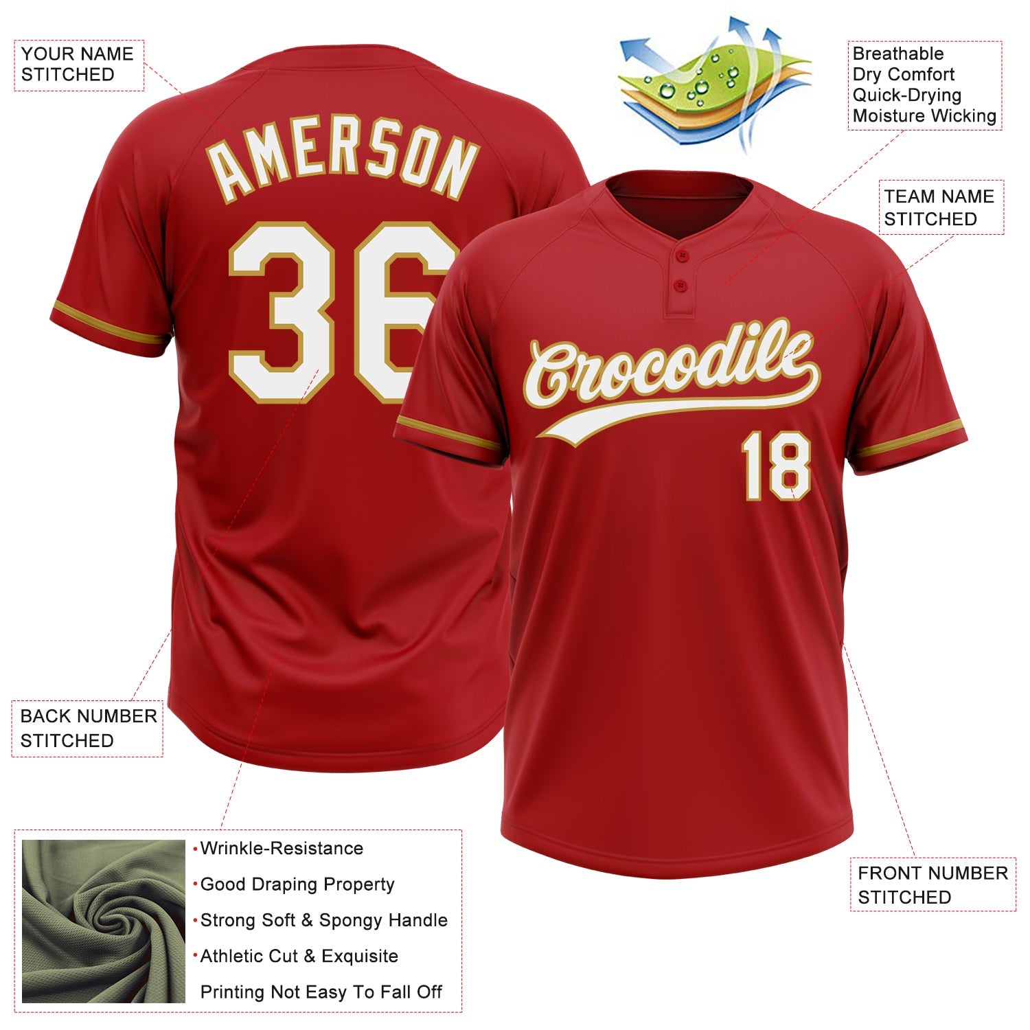 Custom Red White-Old Gold Two-Button Unisex Softball Jersey view 3