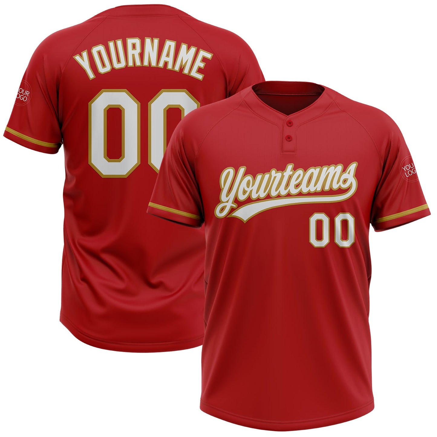 Custom Red White-Old Gold Two-Button Unisex Softball Jersey - Main View