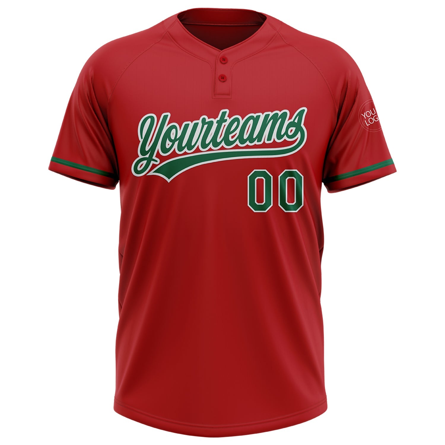 Custom Red Kelly Green-White Two-Button Unisex Softball Jersey view 2