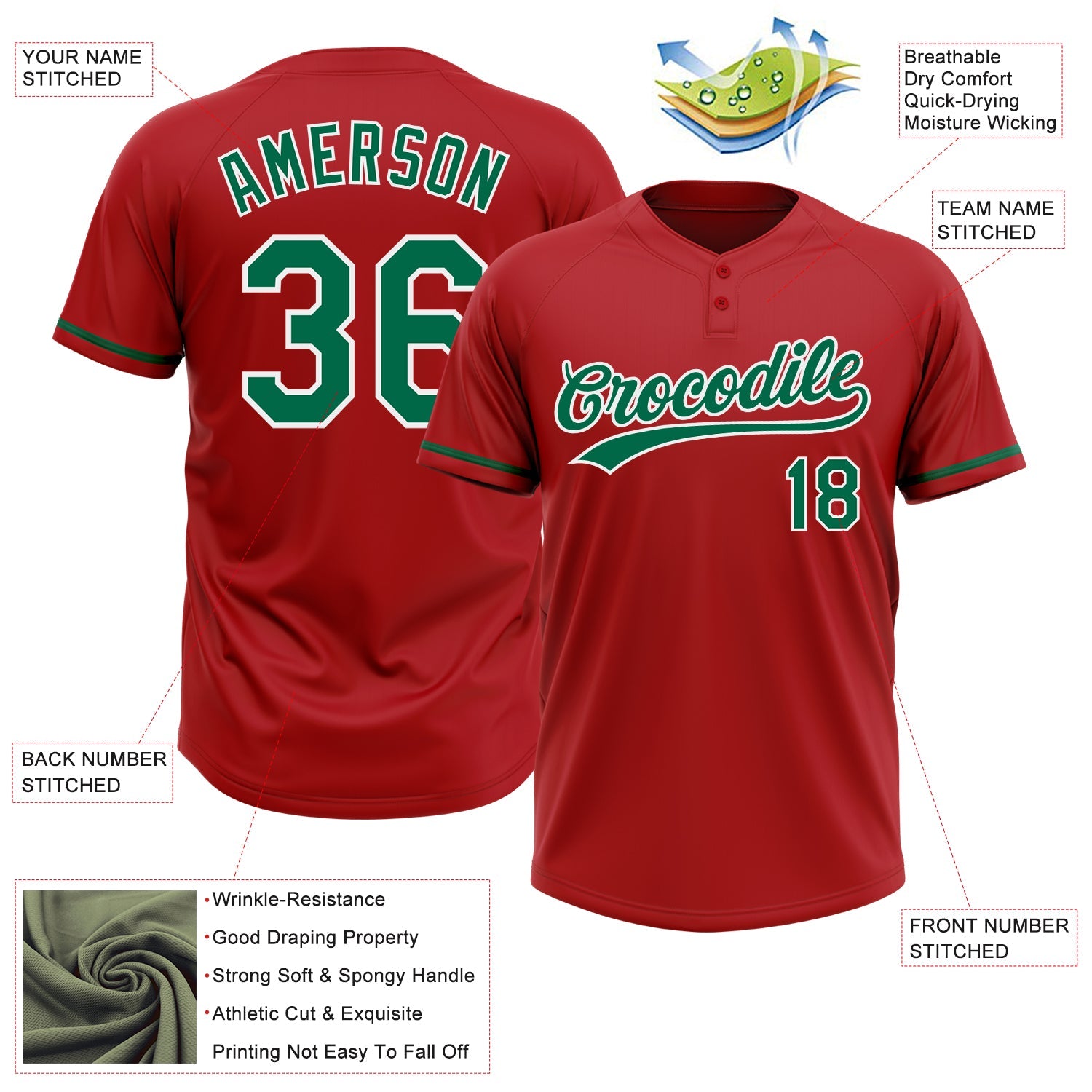 Custom Red Kelly Green-White Two-Button Unisex Softball Jersey view 3