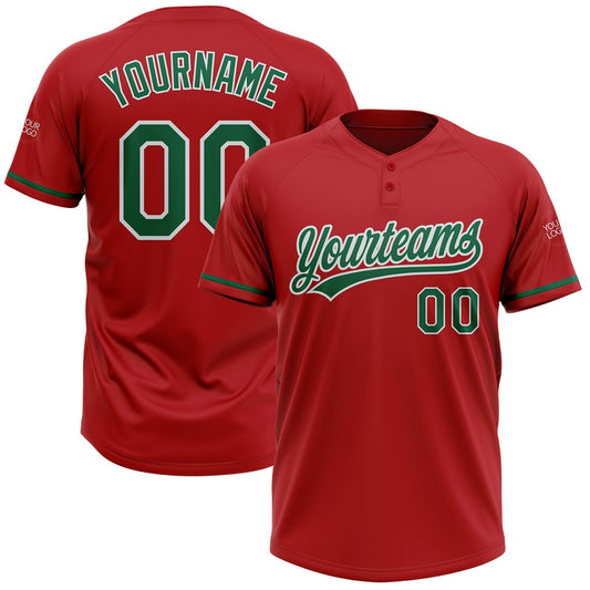 Custom Red Kelly Green-White Two-Button Unisex Softball Jersey - Main View