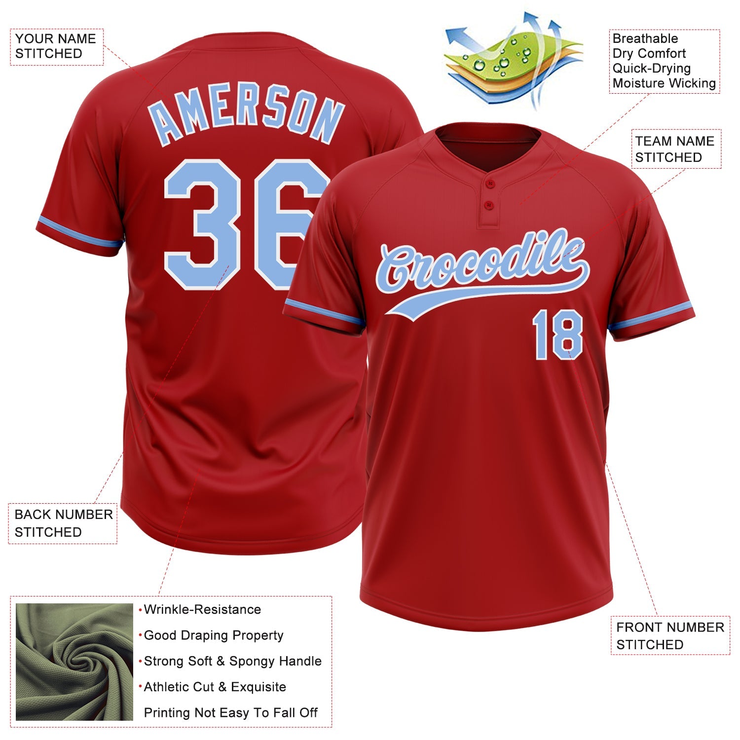 Custom Red Light Blue-White Two-Button Unisex Softball Jersey view 3