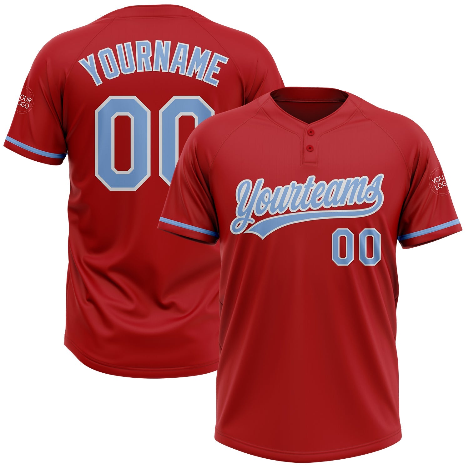 Custom Red Light Blue-White Two-Button Unisex Softball Jersey - Main View