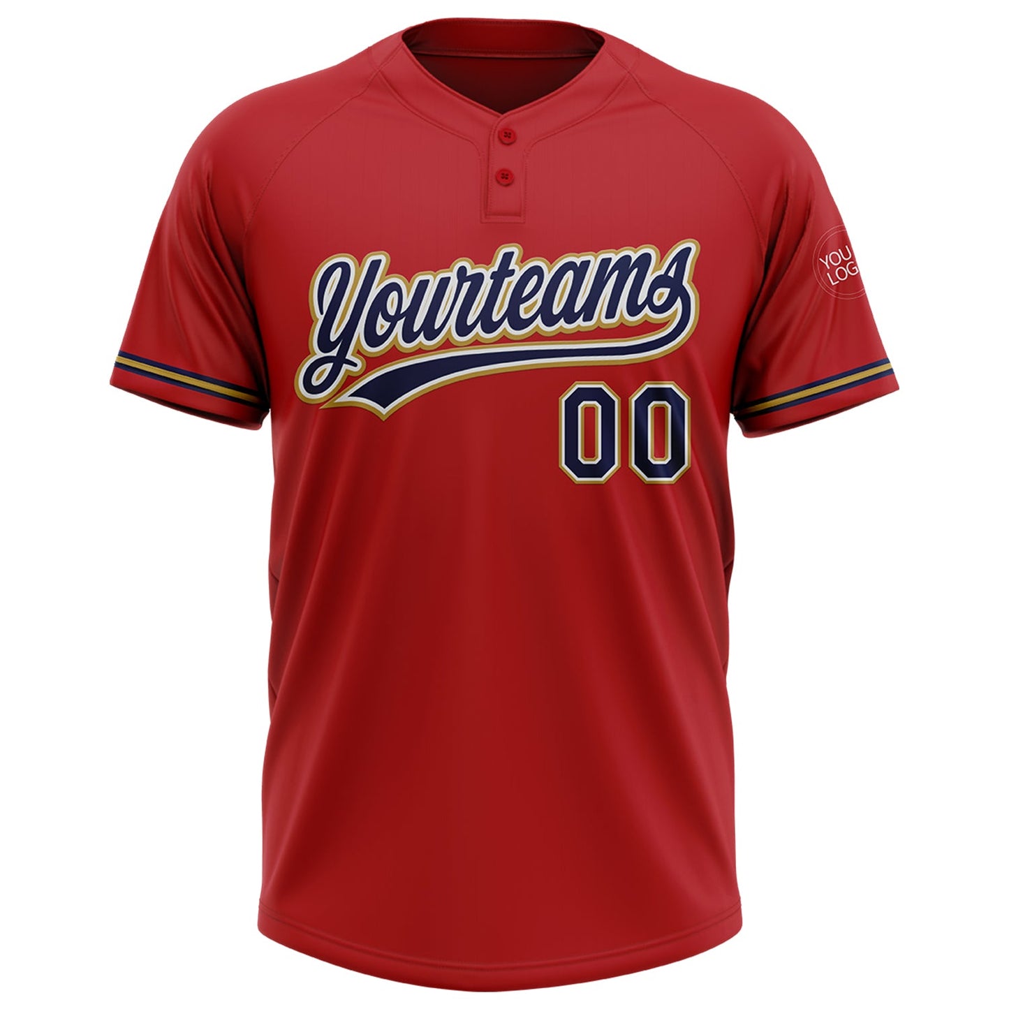 Custom Red Navy-Old Gold Two-Button Unisex Softball Jersey view 2