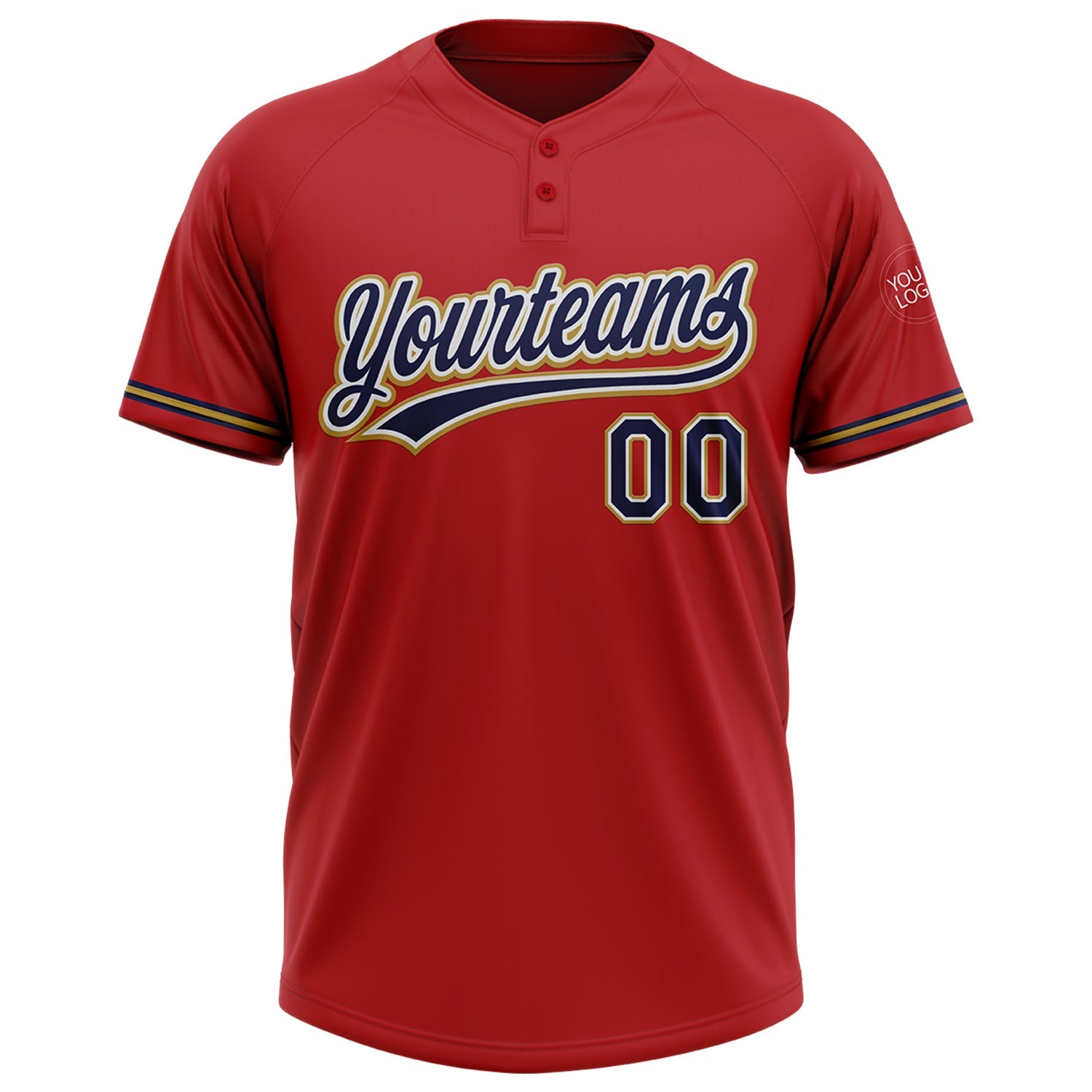 Custom Red Navy-Old Gold Two-Button Unisex Softball Jersey view 2