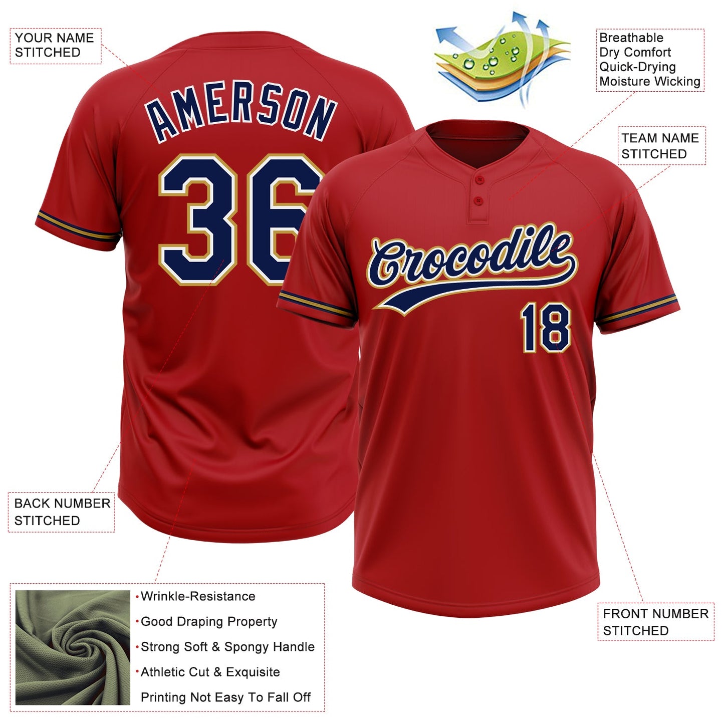 Custom Red Navy-Old Gold Two-Button Unisex Softball Jersey view 3