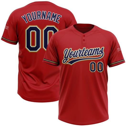 Custom Red Navy-Old Gold Two-Button Unisex Softball Jersey - Main View
