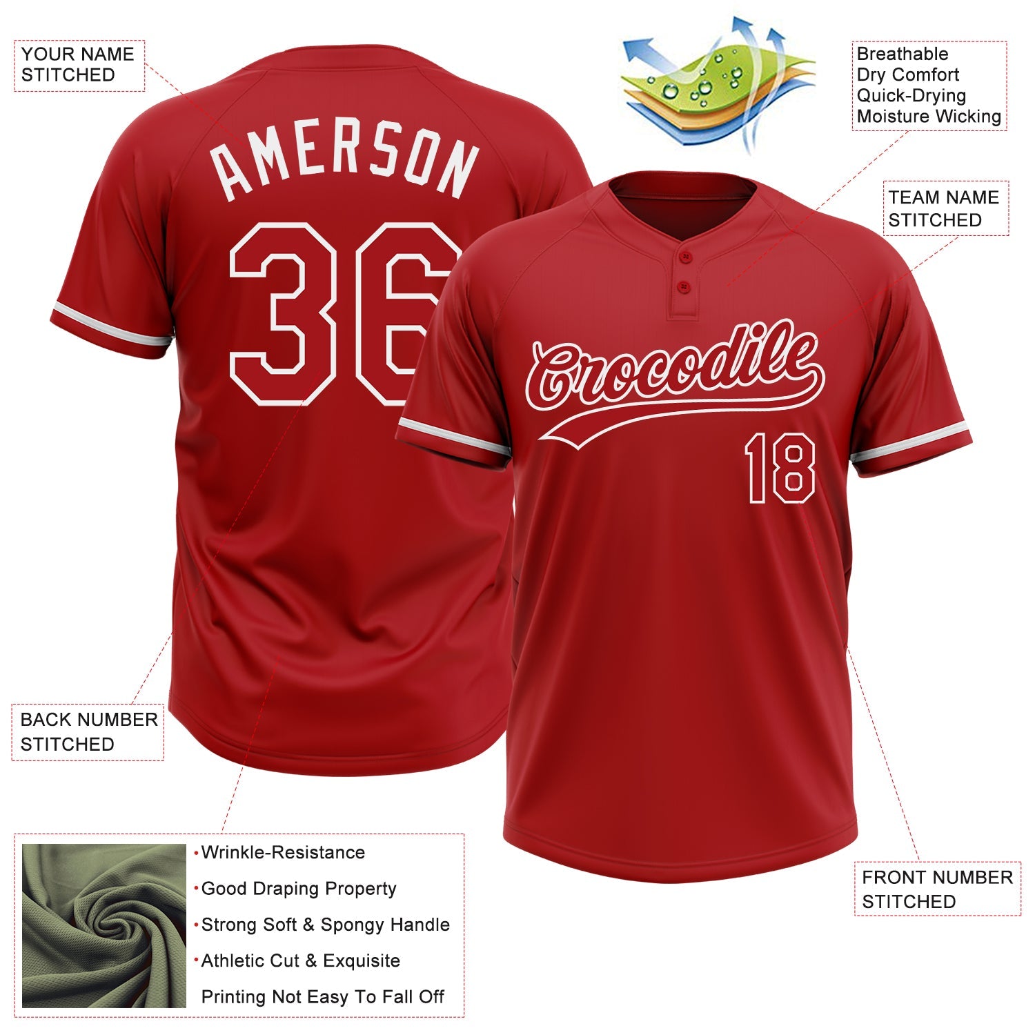 Custom Red White Two-Button Unisex Softball Jersey view 3