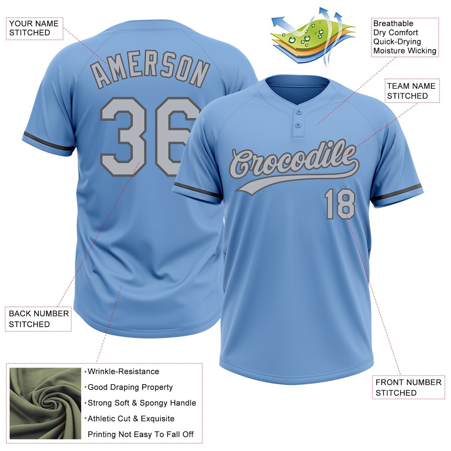 Custom Light Blue Gray-Steel Gray Two-Button Unisex Softball Jersey view 3