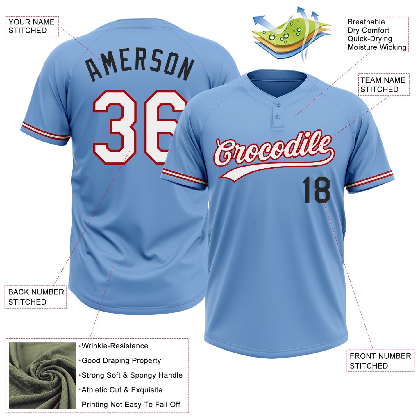 Custom Light Blue Red-Black Two-Button Unisex Softball Jersey view 3