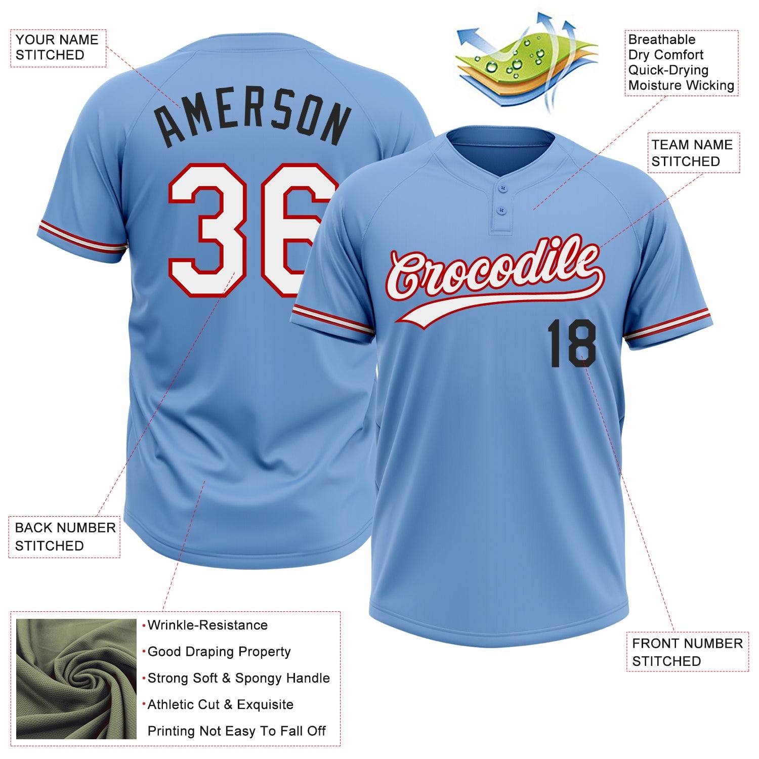 Custom Light Blue Red-Black Two-Button Unisex Softball Jersey view 3
