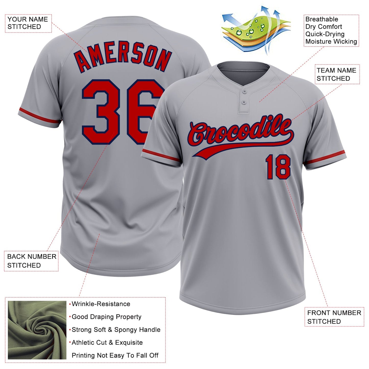 Custom Gray Red-Navy Two-Button Unisex Softball Jersey view 3