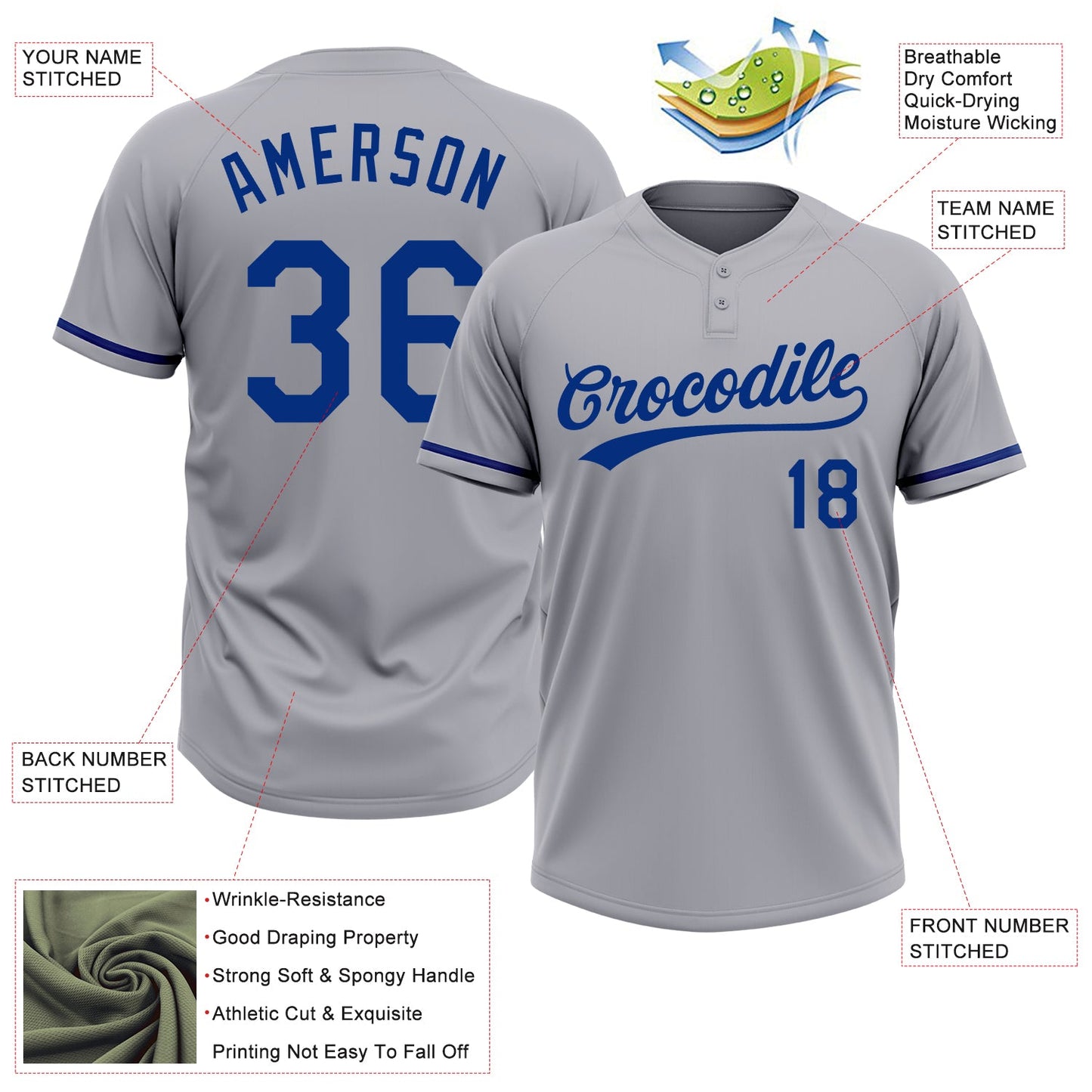 Custom Gray Royal Two-Button Unisex Softball Jersey view 3