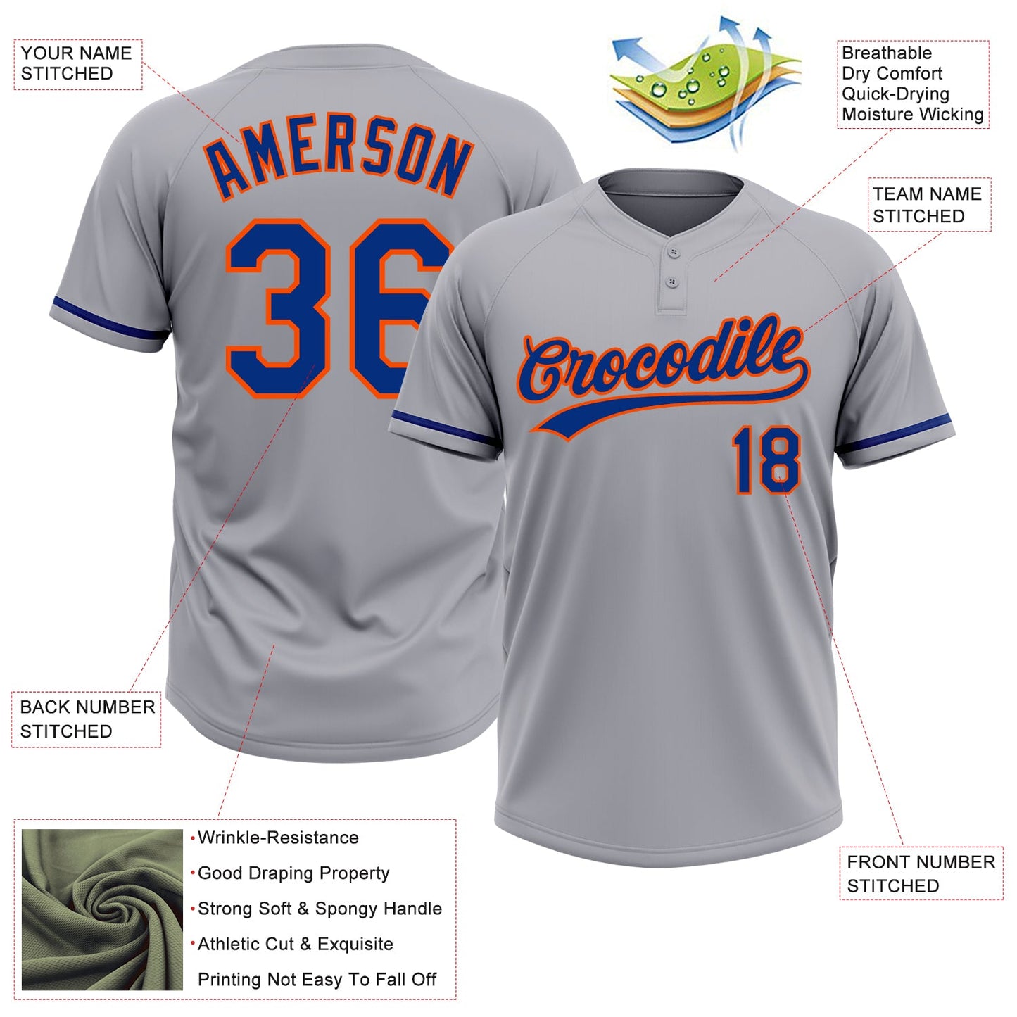 Custom Gray Royal-Orange Two-Button Unisex Softball Jersey view 3