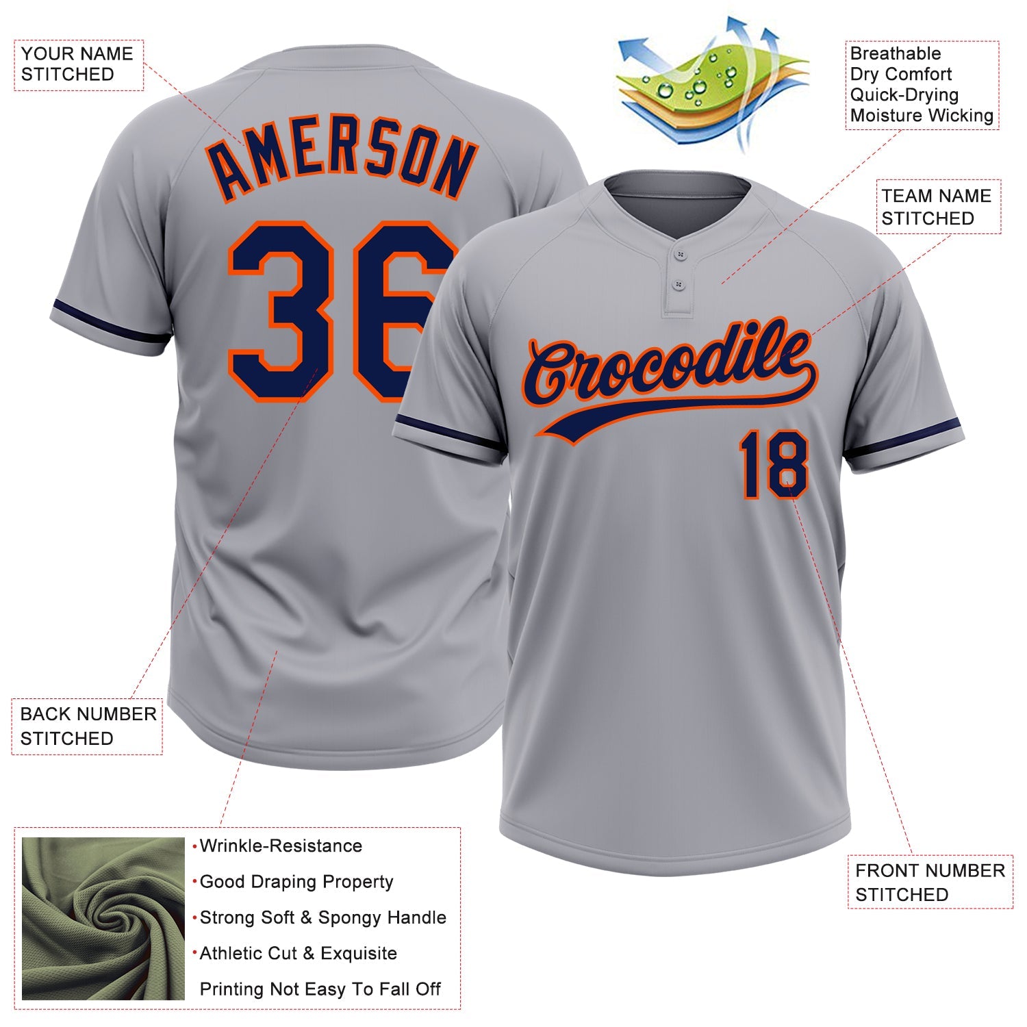 Custom Gray Navy-Orange Two-Button Unisex Softball Jersey view 3