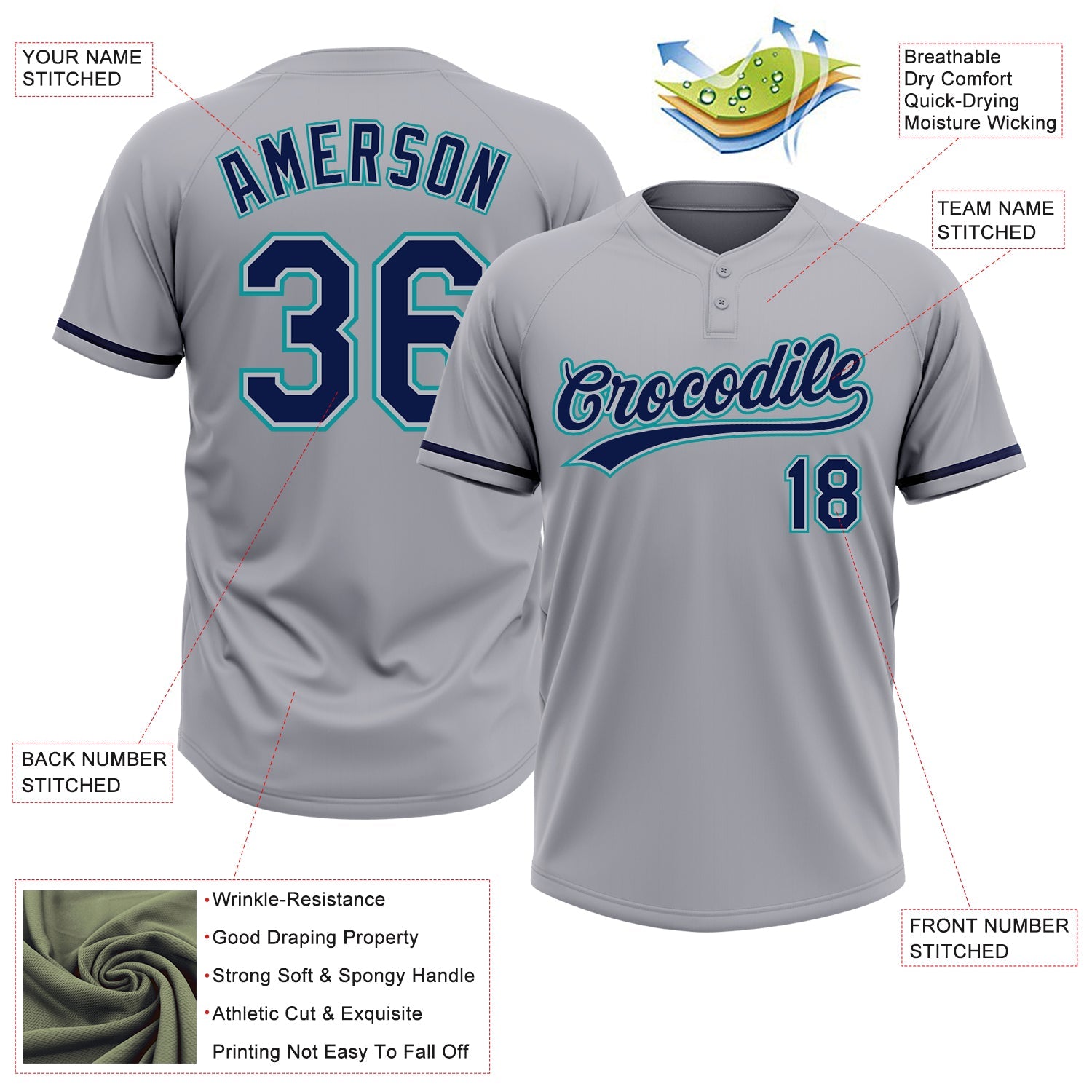 Custom Gray Navy-Teal Two-Button Unisex Softball Jersey view 3